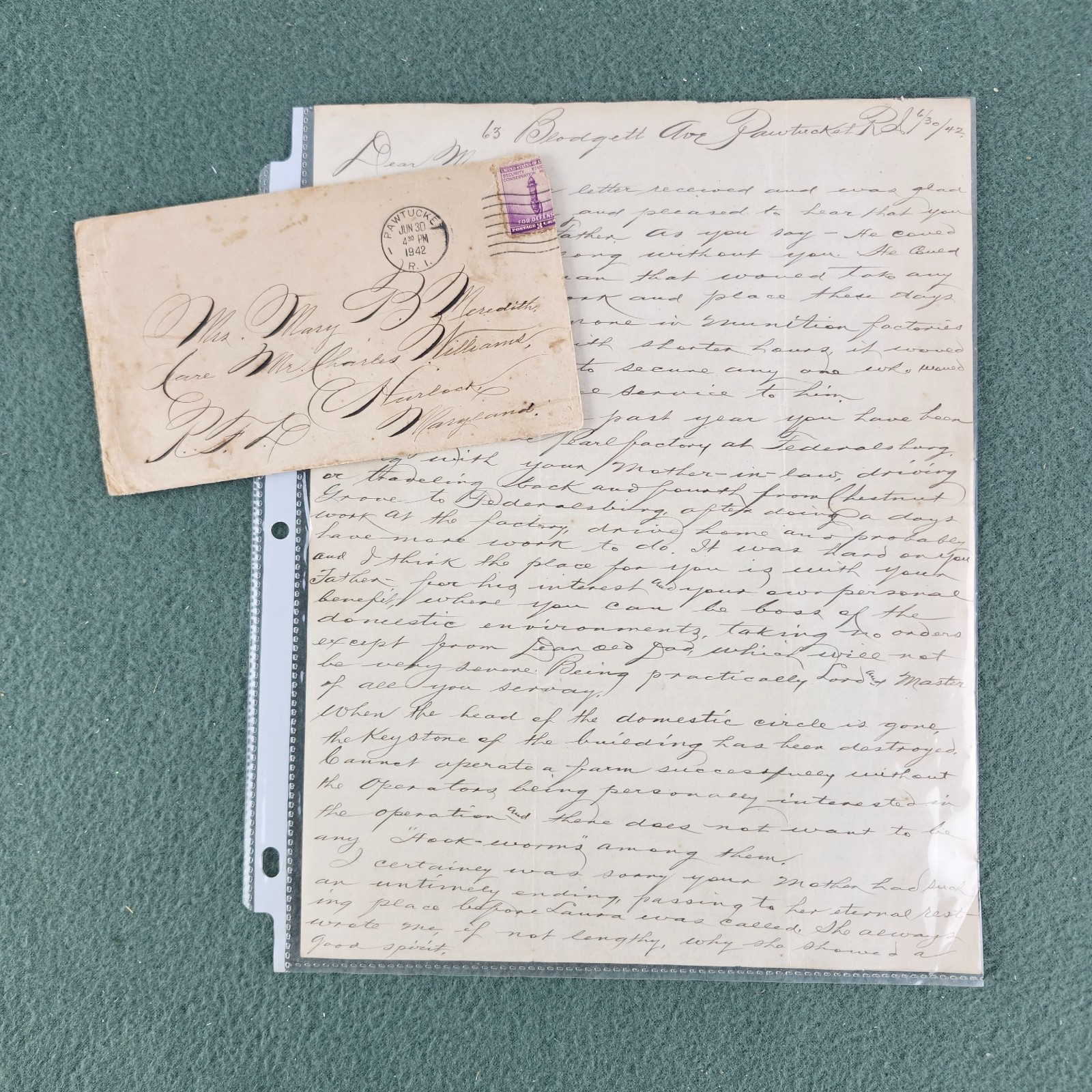 Vtg 1942 Handwritten Letter Pawtucket, RI with Envelope Correspondence