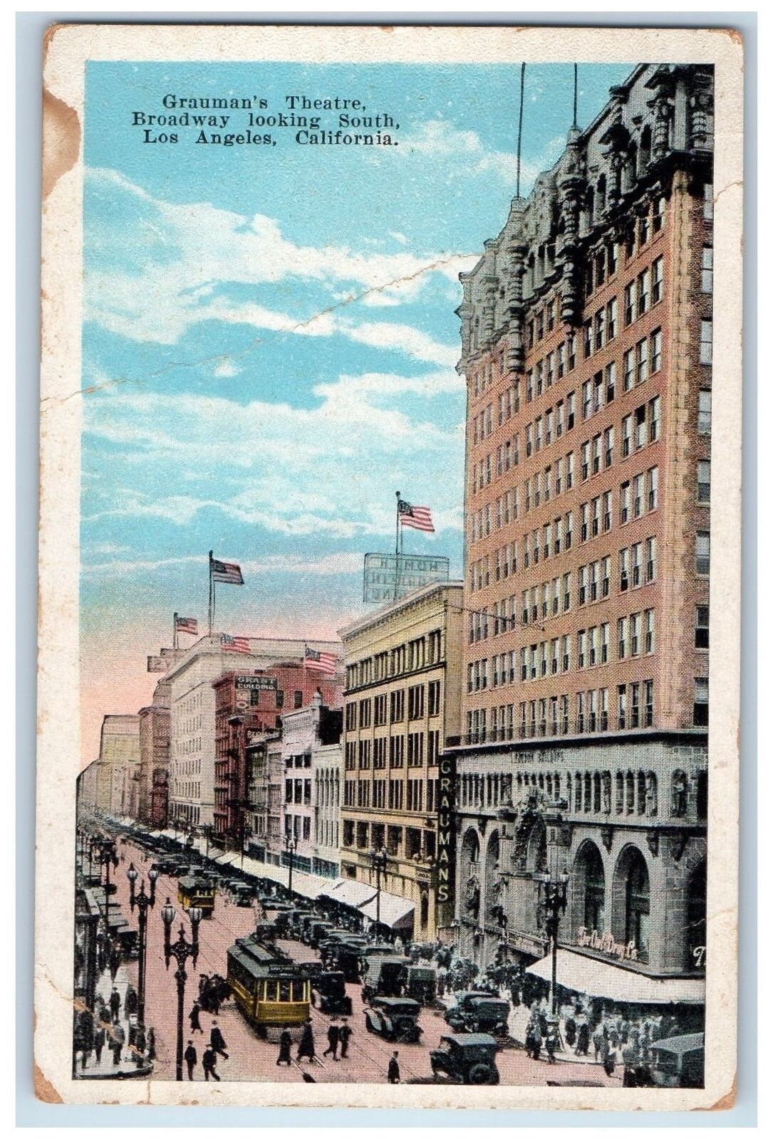 c1920's Grauman's Theatre Broadway Scene Looking South Los Angeles CA Postcard
