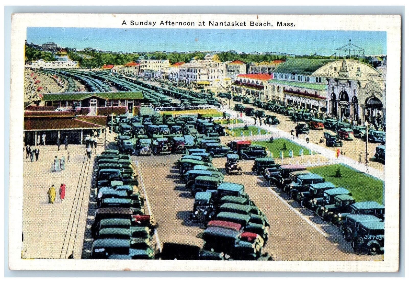 c1940s A Sunday Afternoon At Nantasket Beach Parking Lot MA Unposted Postcard