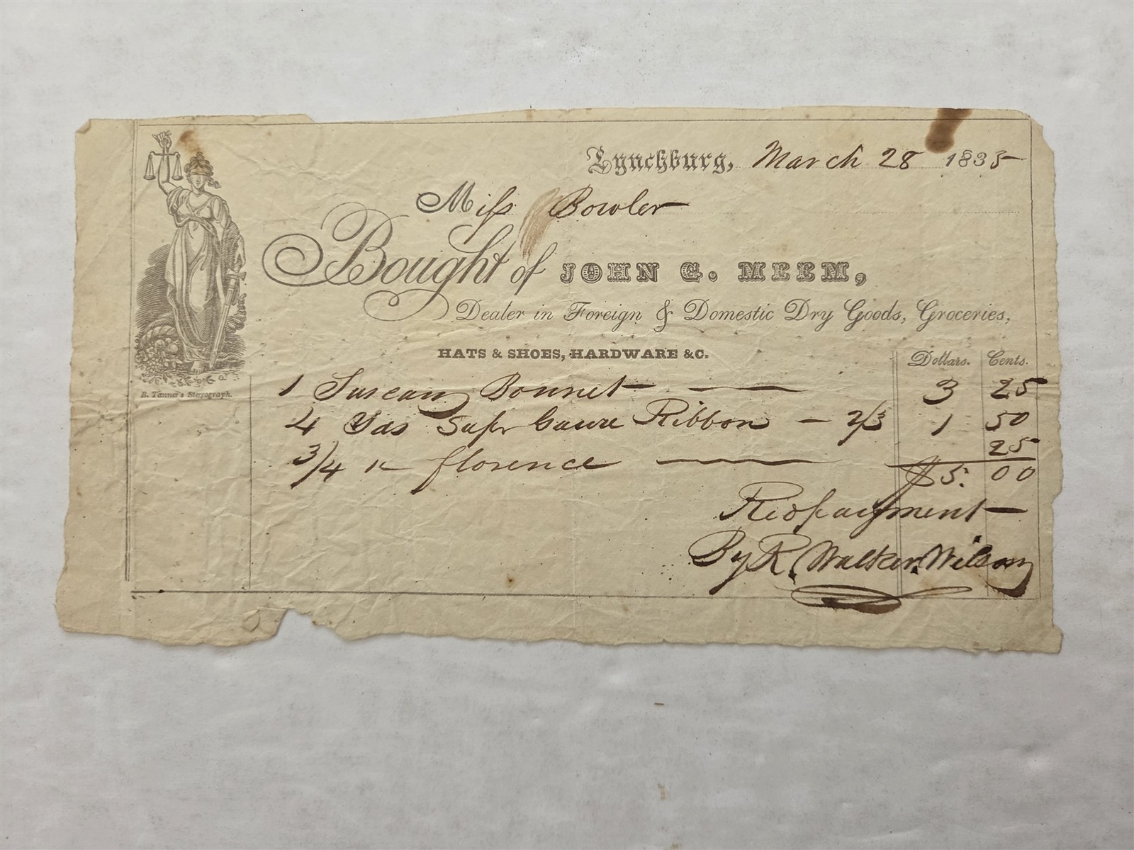 1835 antique JOHN G. MEEM lynchburg va RECEIPT dry goods groceries hardware