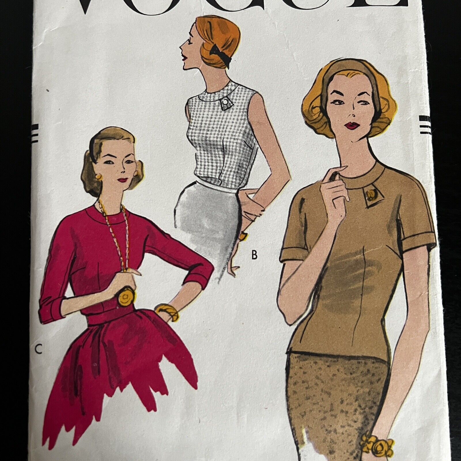 Vintage 1950s Vogue 9273 Tab Detail Collarless Blouse Sewing Pattern 16 XS/S CUT