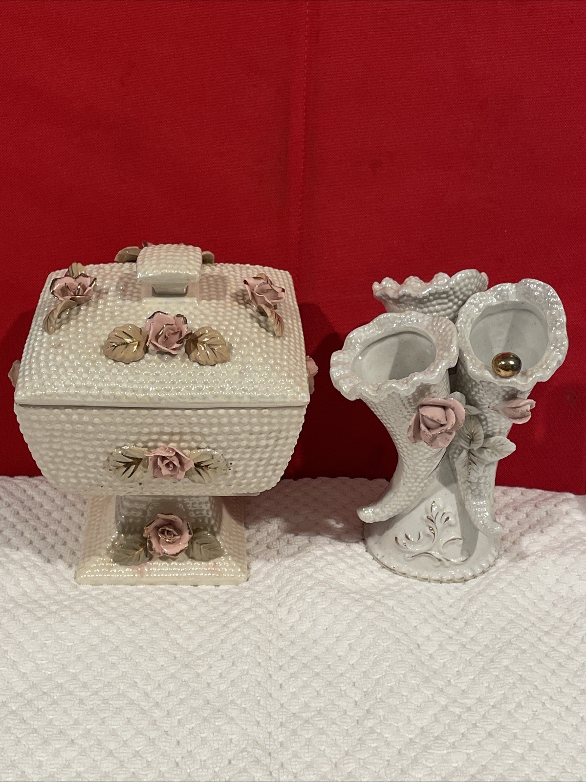 Vtg 1950s Thames Japan Porcelain Vanity Set Hobnail Candy Dish & Cornucopia Vase