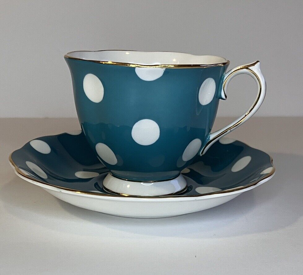 Royal Albert Teal Polka Dot Tea Cup & Saucer Set Bone China Vintage RARE Blue