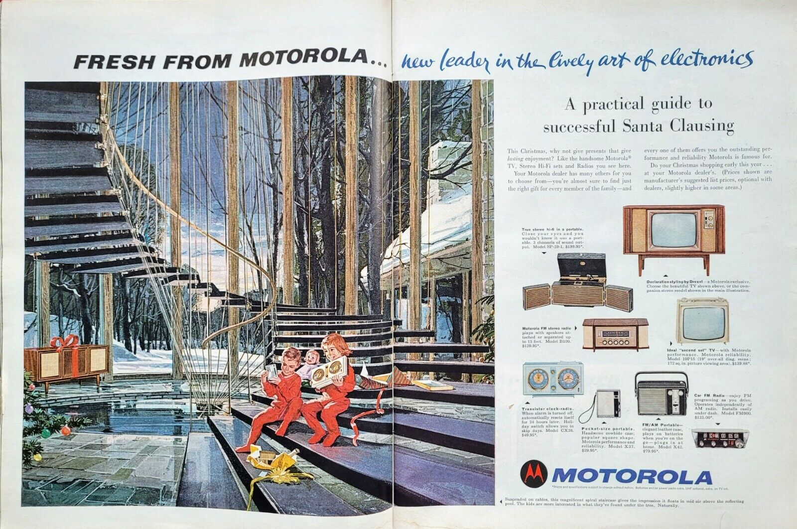 VERY RARE XMAS 1962 MOTOROLA CHARLES SCHRIDDE ART Vintage Color 2pg AD 20 x 14