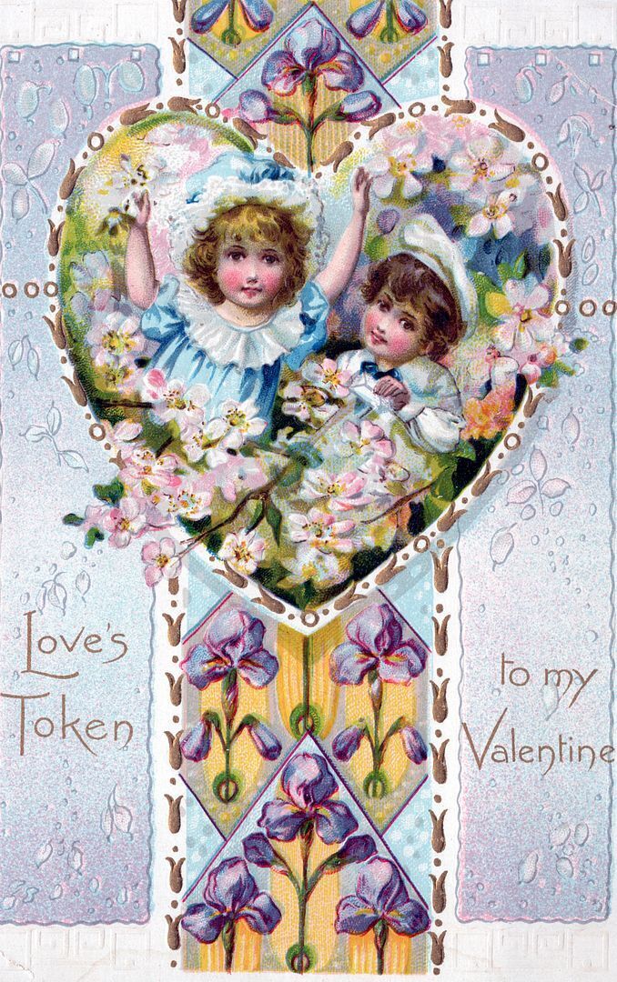 VALENTINE'S DAY - Children and Flowers In Heart Tuck Postcard - 1910