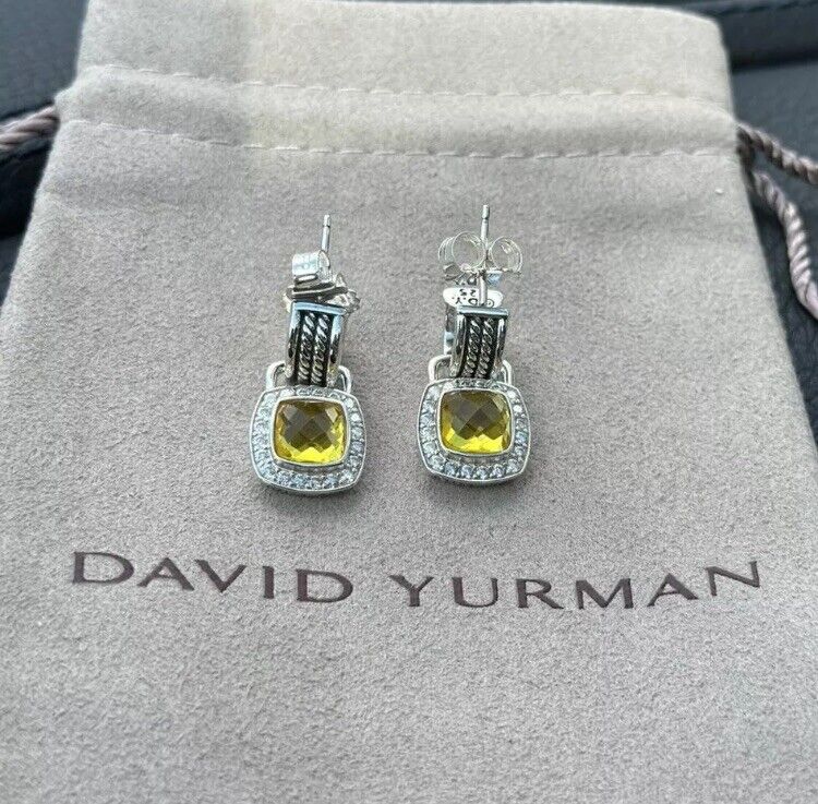 David Yurman Sterling Silver 7mm Albion Drop Earrings Lemon Citrine w/ Diamonds
