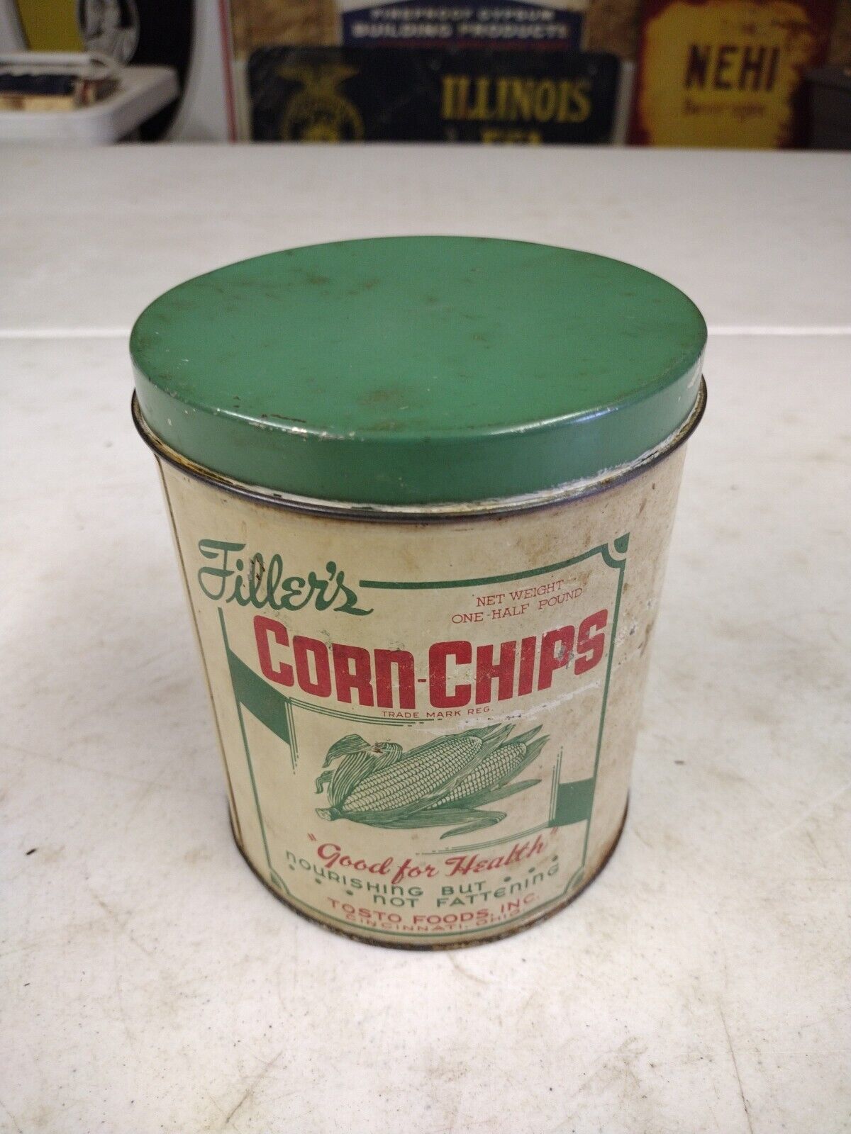 Vintage 1940's Filler's Corn Chips Half Pound Tin Can Tisto Foods Cincinnati OH