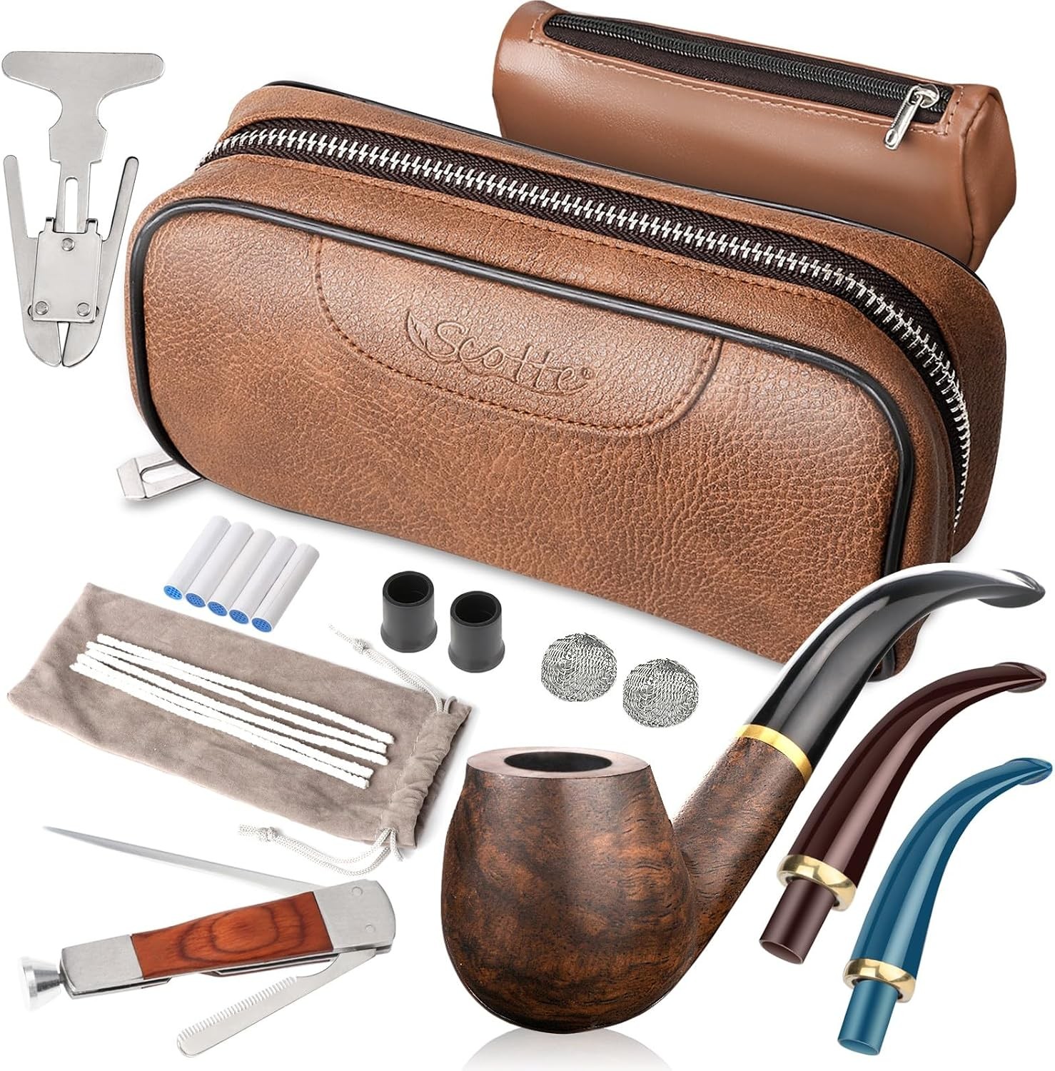 Handmade Wooden Tobacco Pipe Set with Leather Pouch and Smoking Accessories