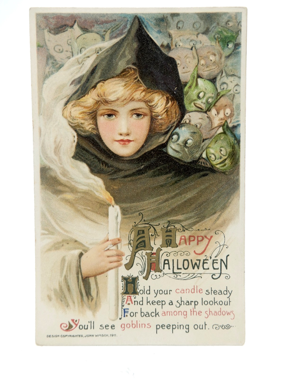 Beautiful John Winsch Sam Schmucker Halloween Postcard Witch Candle Goblins 1911
