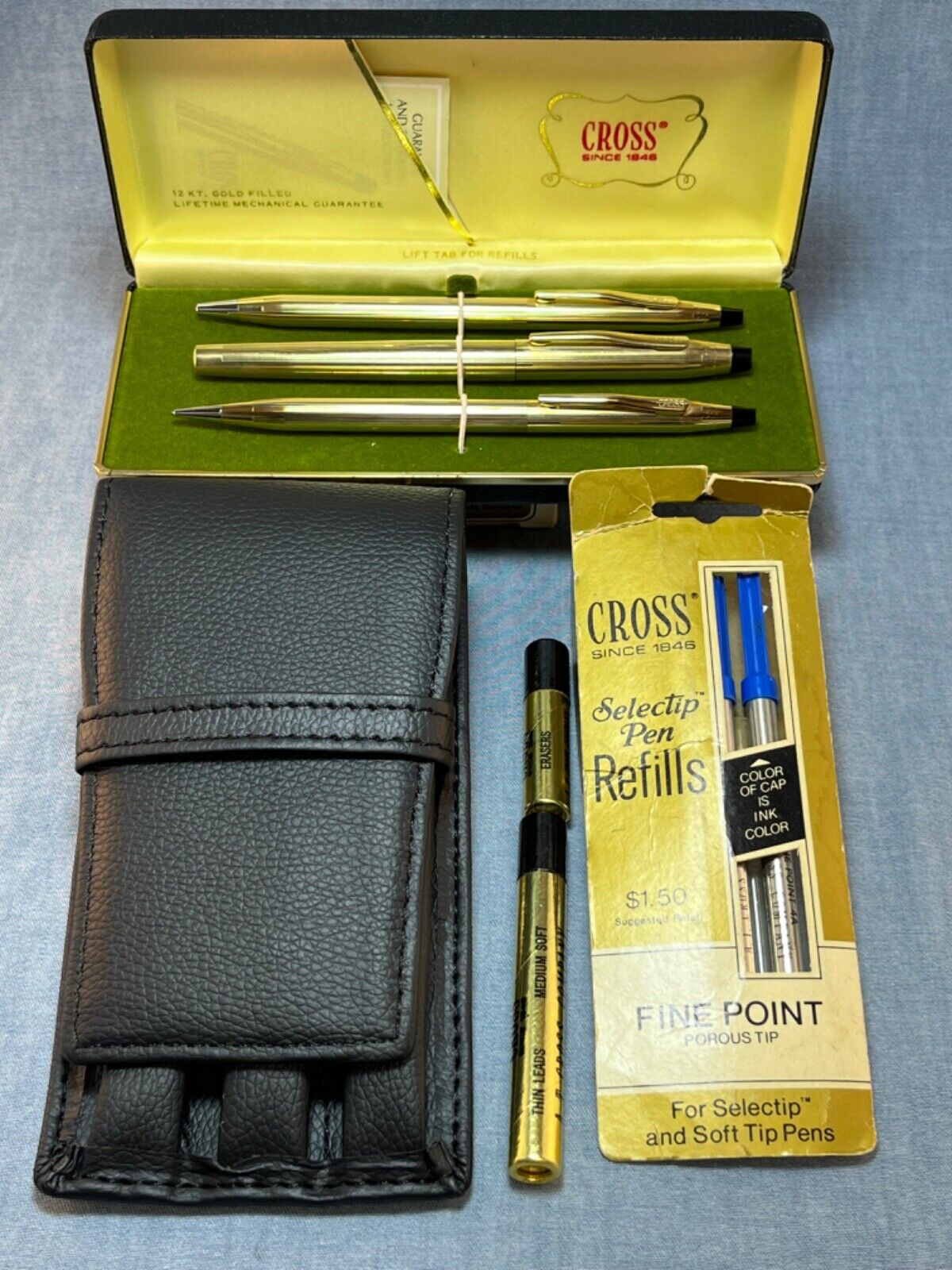 Vintage Cross 12K Gold Soft Tip, Pen & Pencil Set, Case, Holder, Refills C30-001
