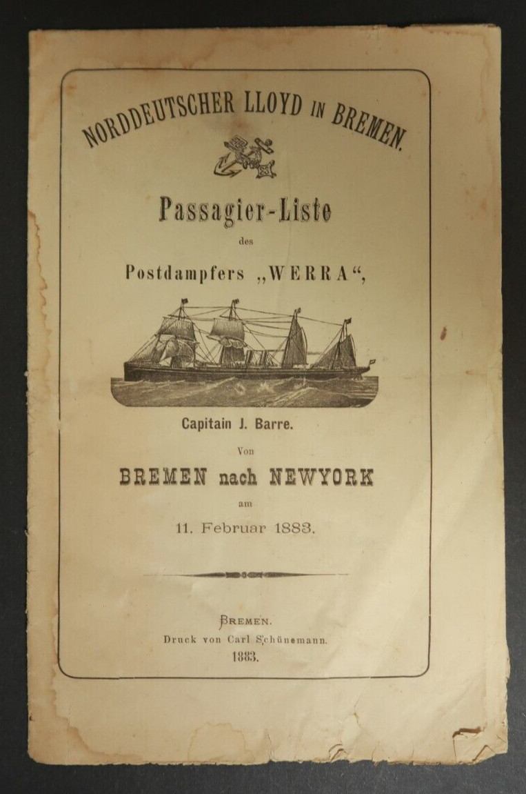 1883 North German Lloyd Bremen Werra Passenger List Manifest Booklet Cpt. Barre
