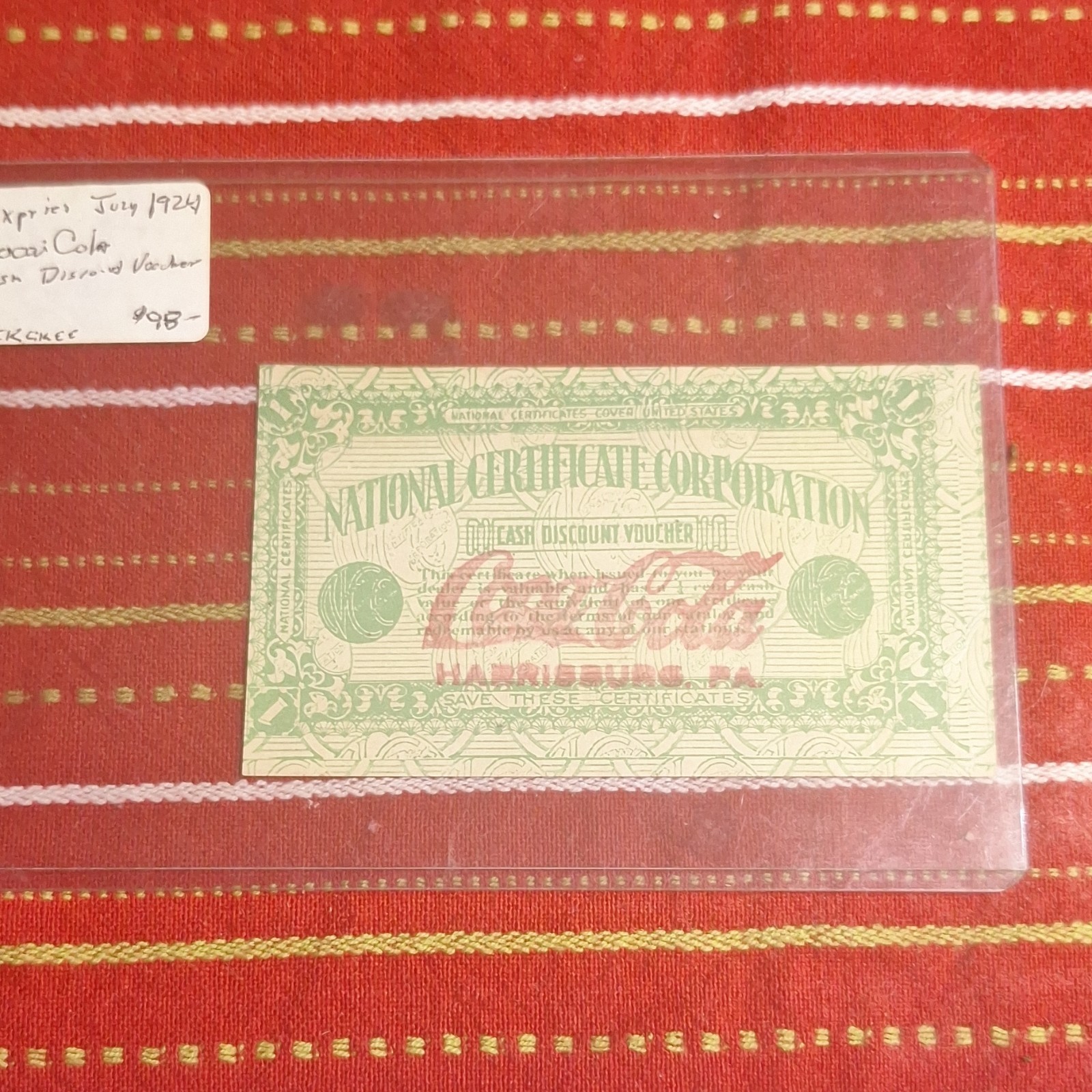 Coca-Cola 1924 National Certificate Corp Voucher Coupon Green Original Soda