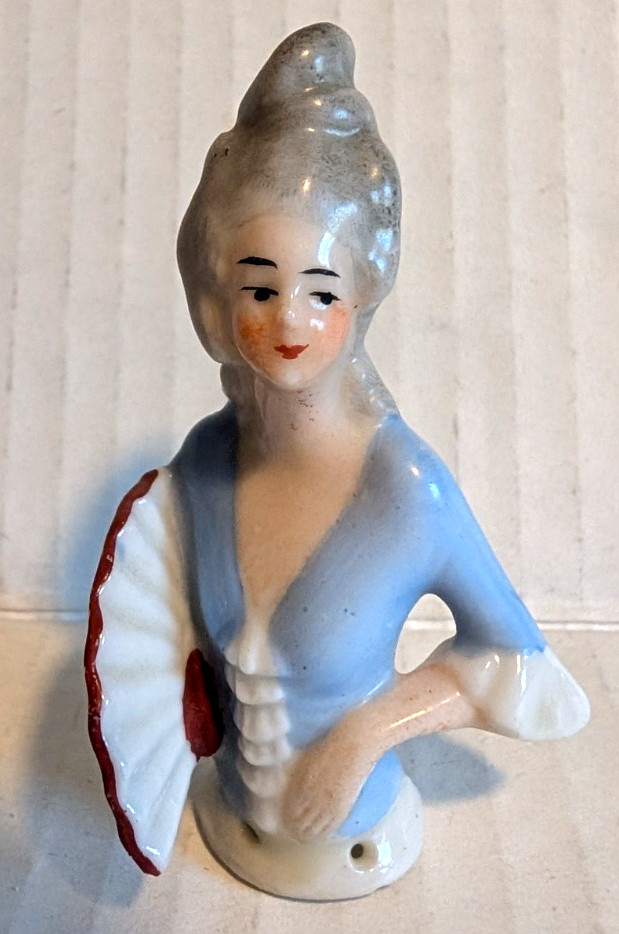 Vintage Porcelain Marie Antoinette Half Doll Pincushion Topper 2.5