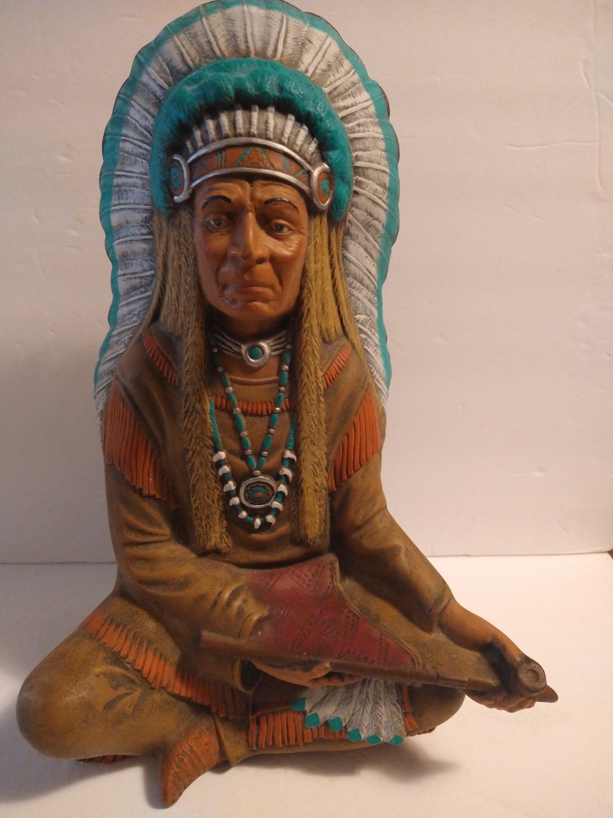 Native American Chief Sitting w/ Peace Pipe Vintage 1972 Byron Molds Sculpture Native American Chief Sitting w/ Peace Pipe Vintage 1972 Byron Molds Sculpture