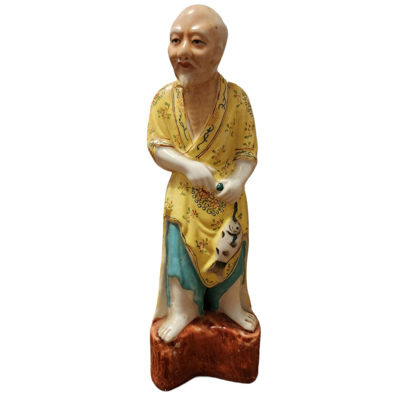 Vintage Asian Chinese Elder Man Holding Fish 9.5” Porcelain Figurine Statue