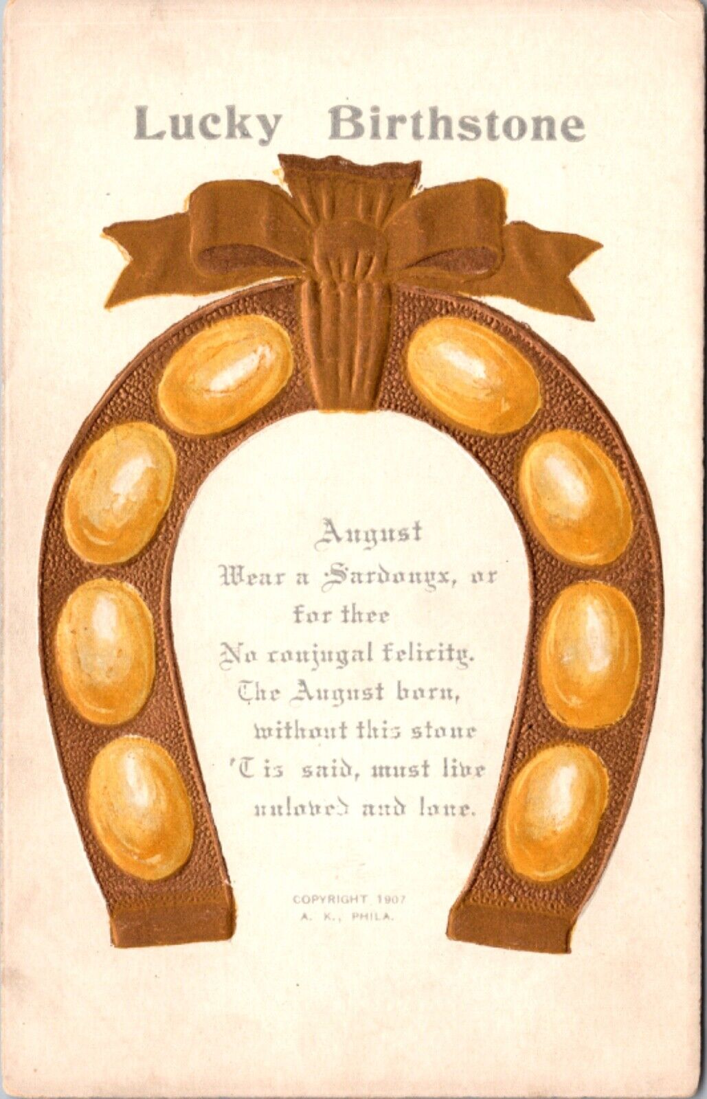 1907 Postcard Horseshoe Lucky Birthstone AUGUST Sardonyx Gemstone