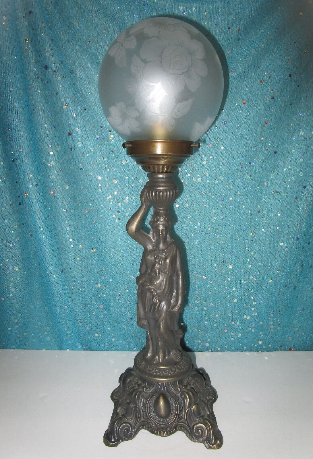 Vintage Hollywood Regency Lady Goddess Lamp & Big Flowery glass Globe