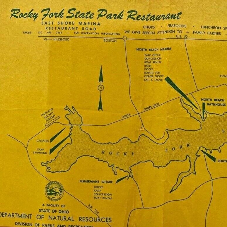 1972 Rocky Fork State Park Restaurant Map East Shore North Beach Ohio Placemat