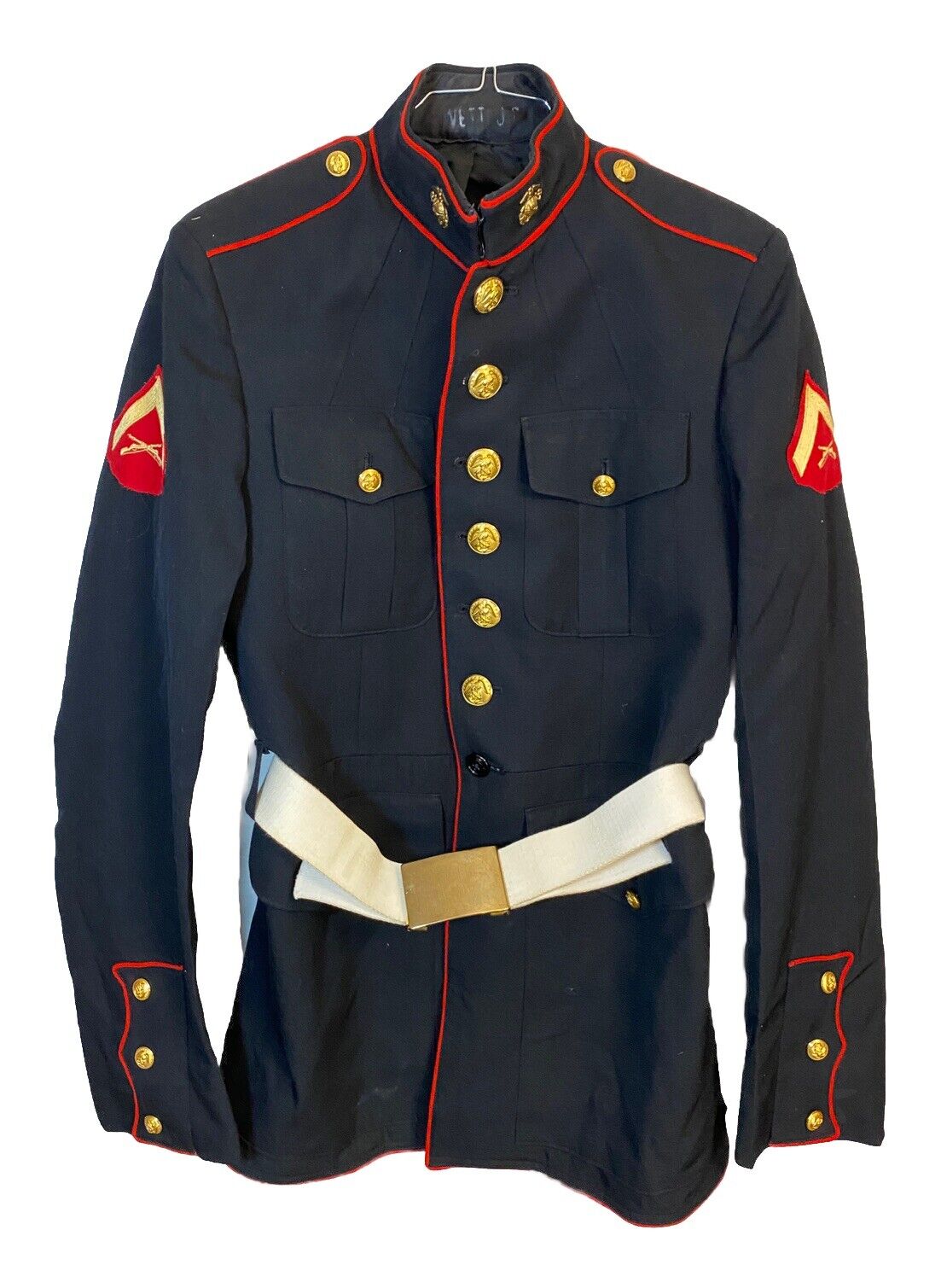 USMC Marine Corps Dress Blues Jacket Top W/ LCPL Patch & EGAs 40L & Belt