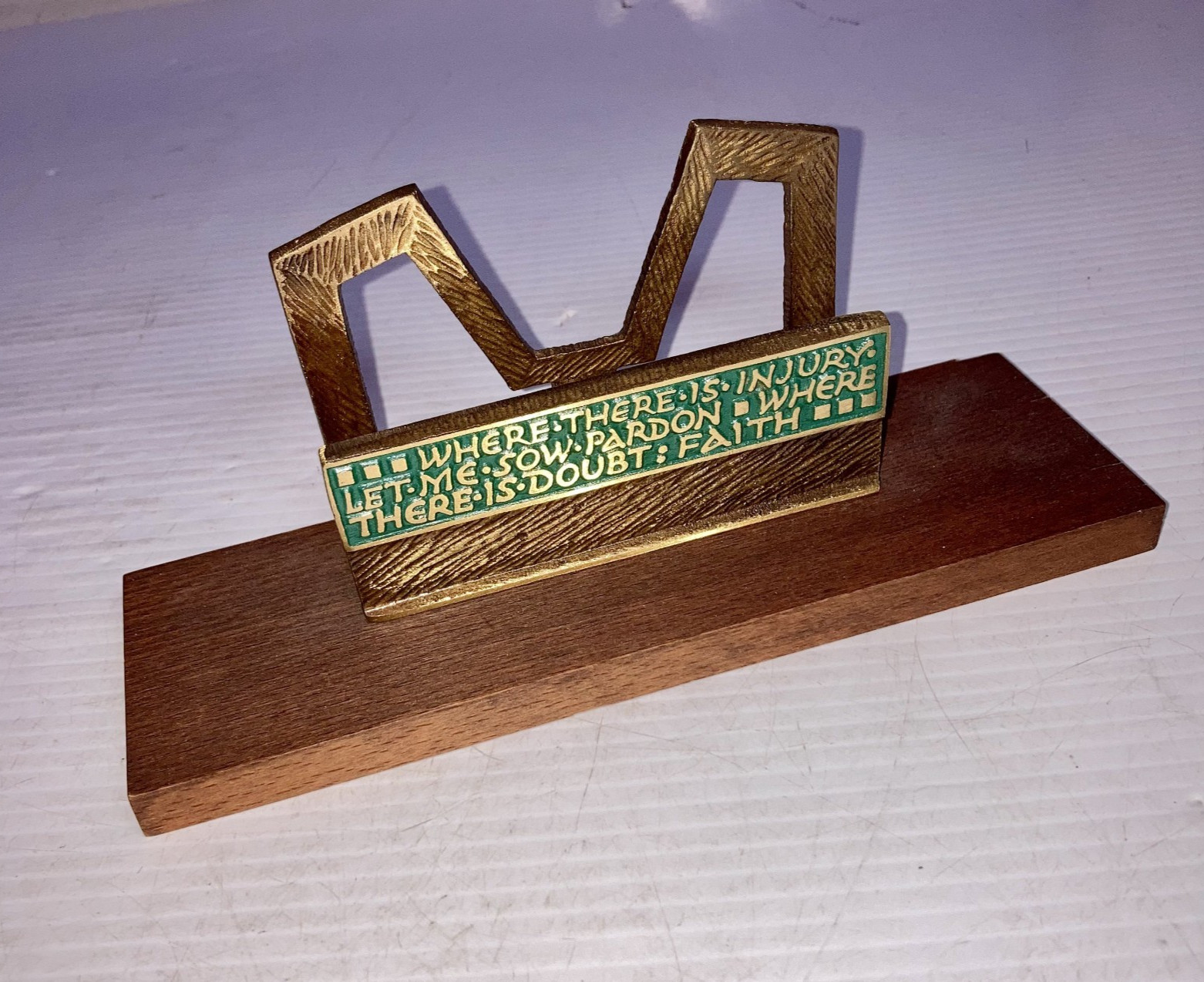 Vintage Terra Sancta Guild 1968 Enameled Brass Letter Holder On Wood Base