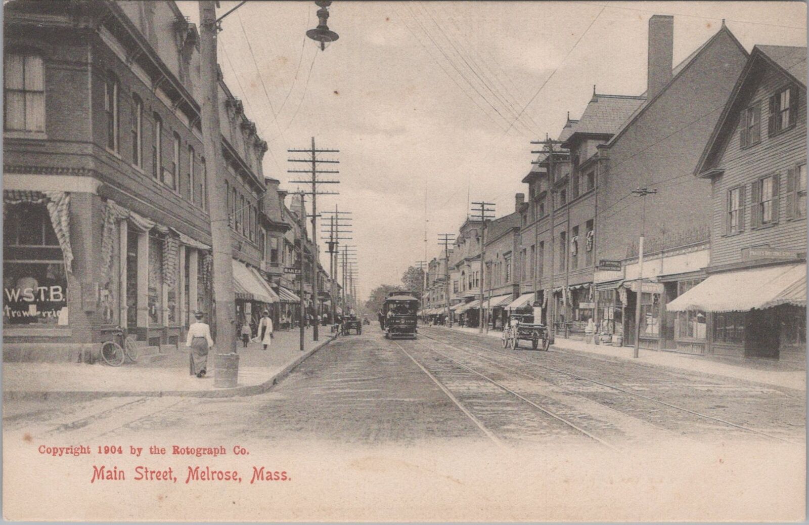 Main Street Melrose Massachusetts Trolley Streetcar Postcard