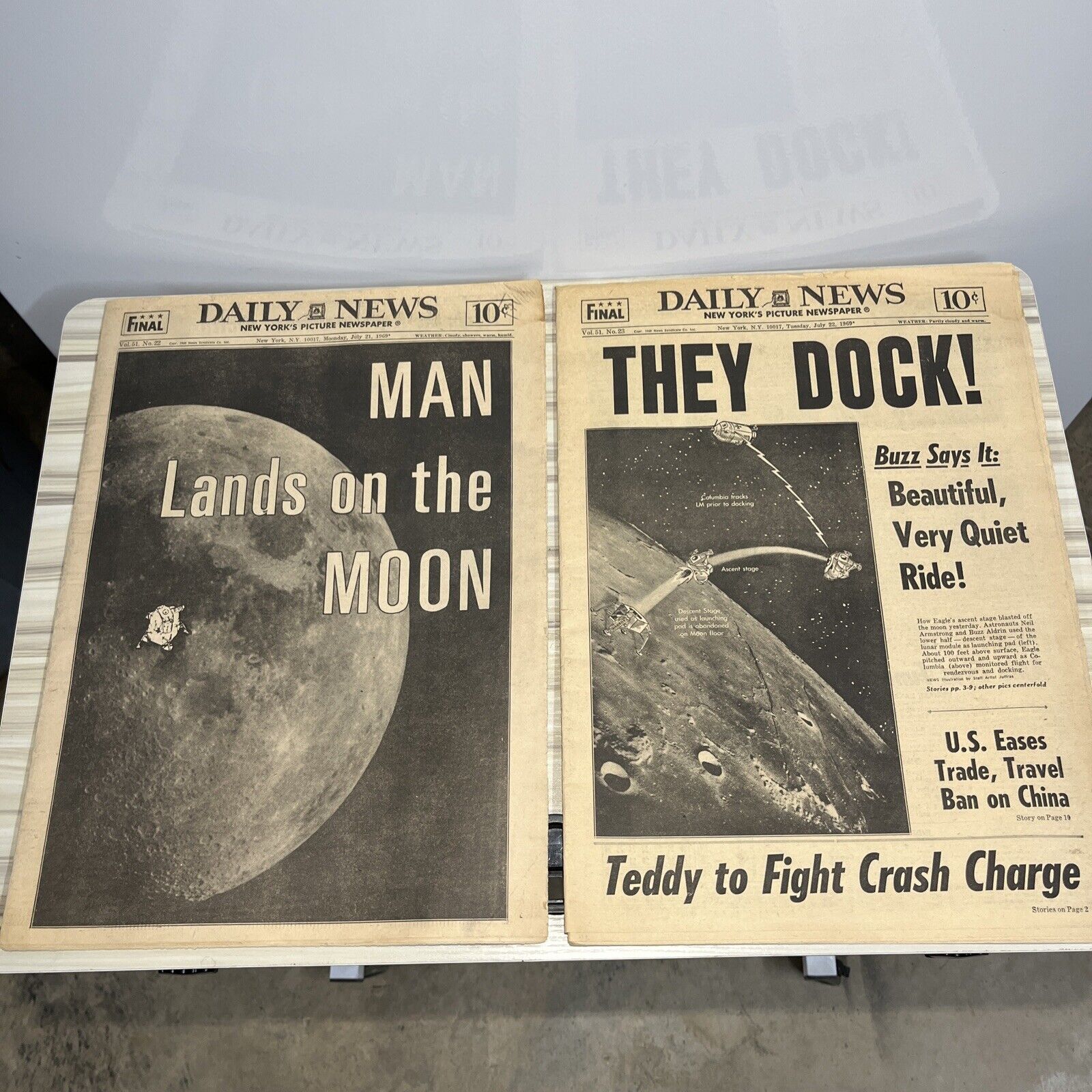 NY Daily News July 21 & 22, 1969 - Man Lands On The Moon; They Dock - Newspaper