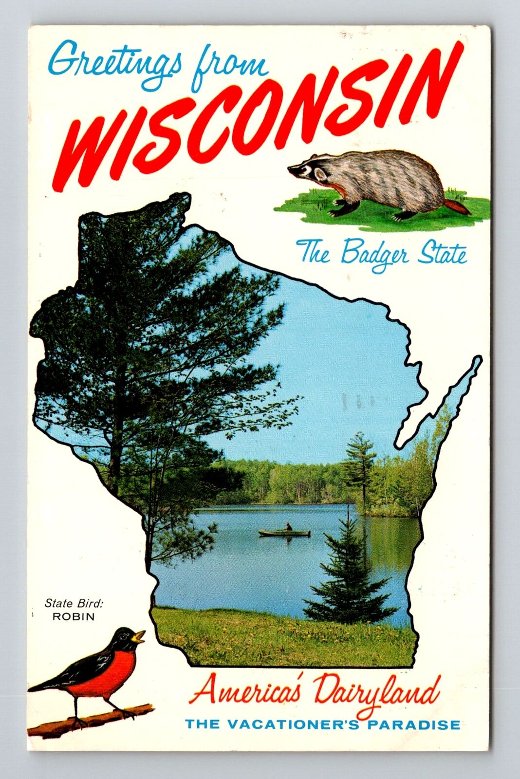 WI-Wisconsin, General Greetings, State Icons, Vintage Postcard