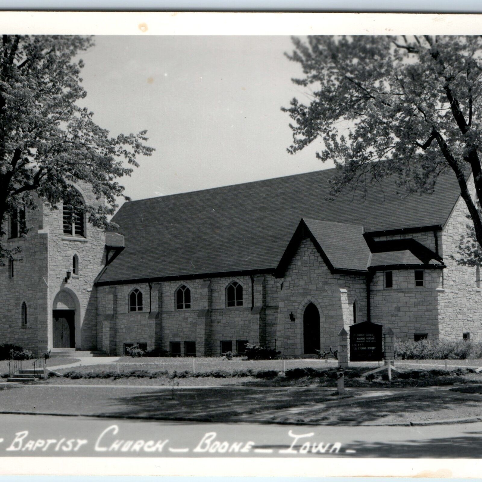 c1950s Boone, IA RPPC First Baptist Church Real Photo Postcard Brick Chapel A103
