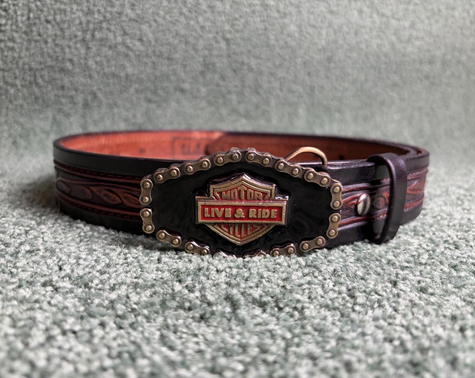 Vtg Ken Reid Santa Fe Tooled Leather Belt W/ Harley Davidson 1984 Buckle Size 37
