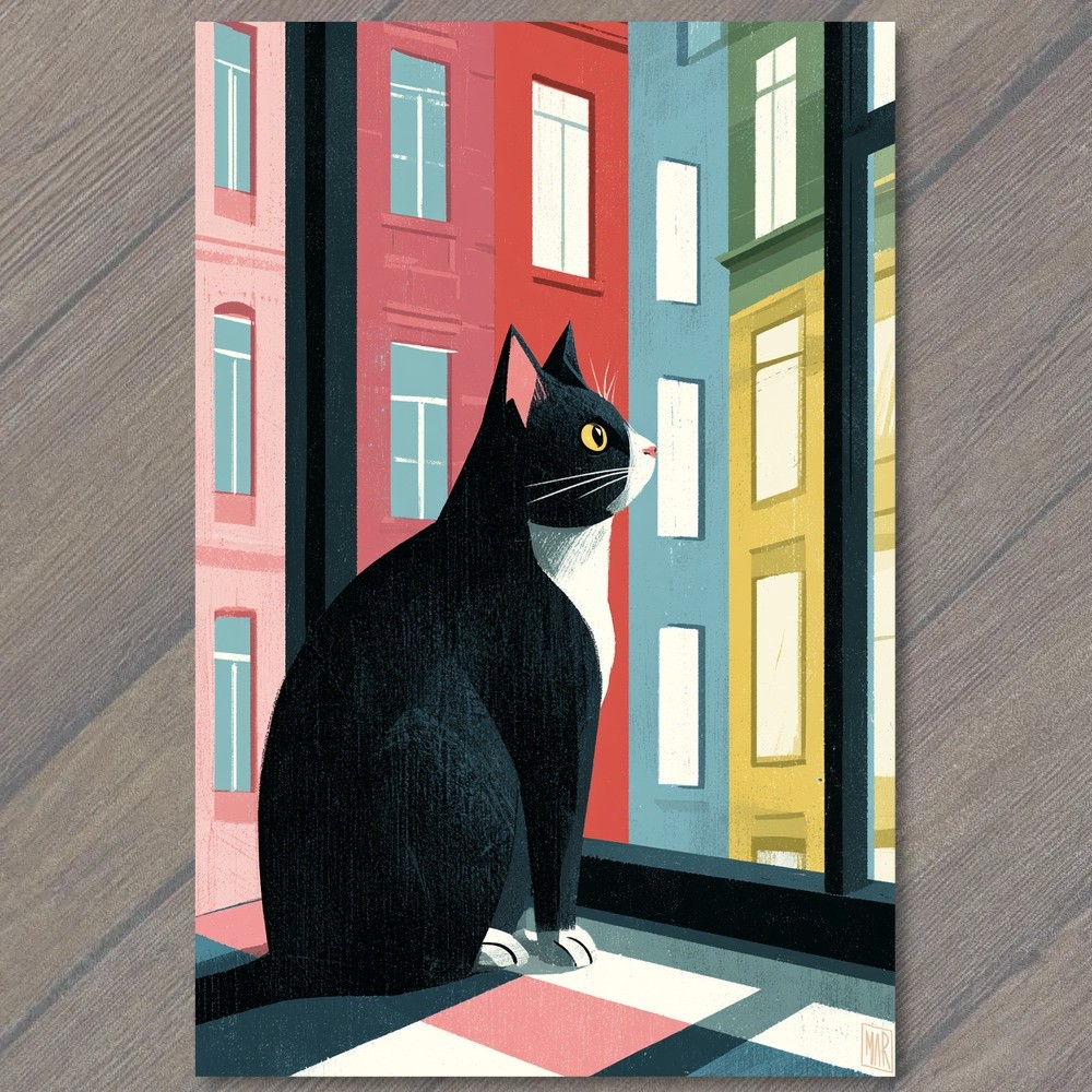 POSTCARD Black Cat Window Urban Buildings Cityscape Cozy Mood Warm Light Modern