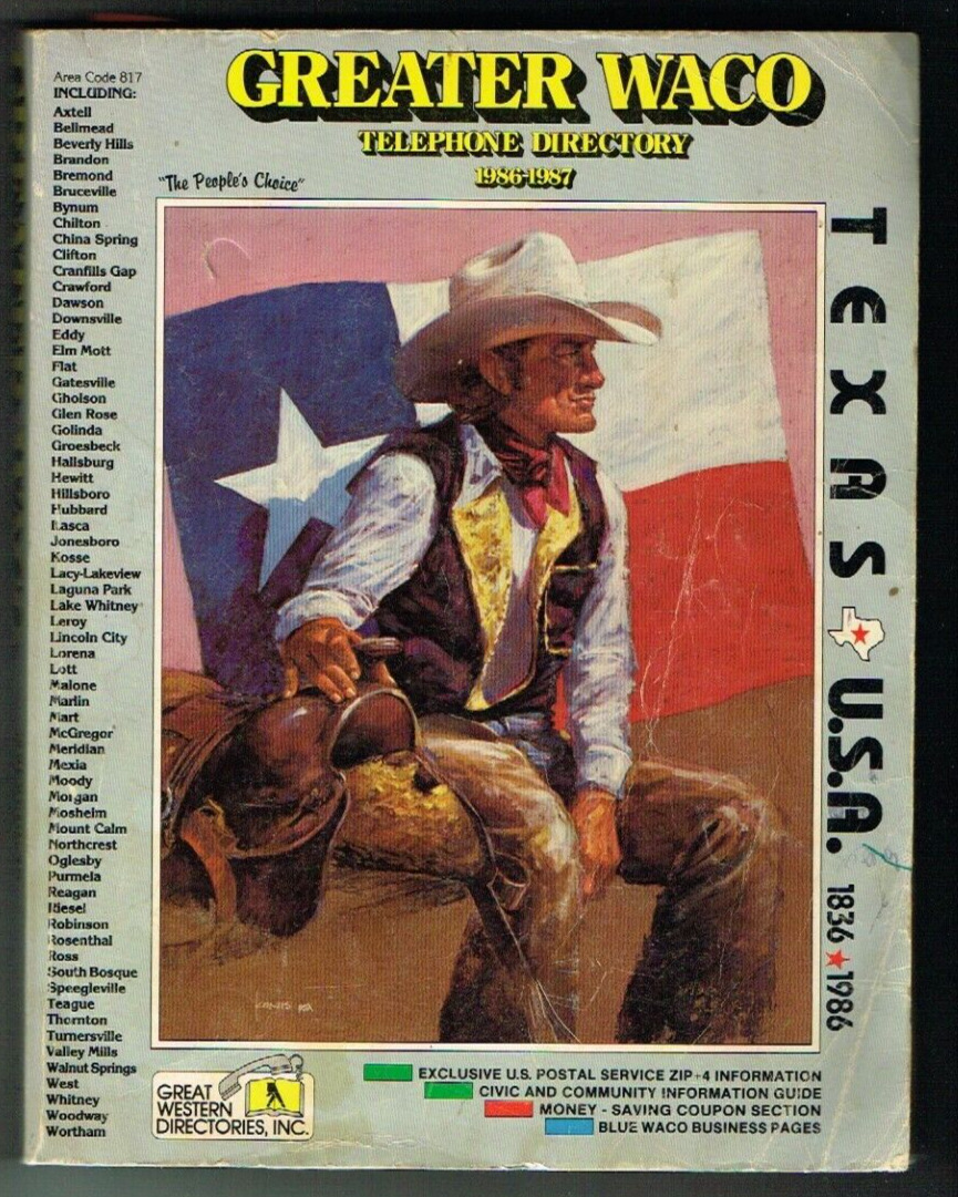 Greater Waco TX Telephone Book Directory 1986 VTG Lone Star Cowboy Cover