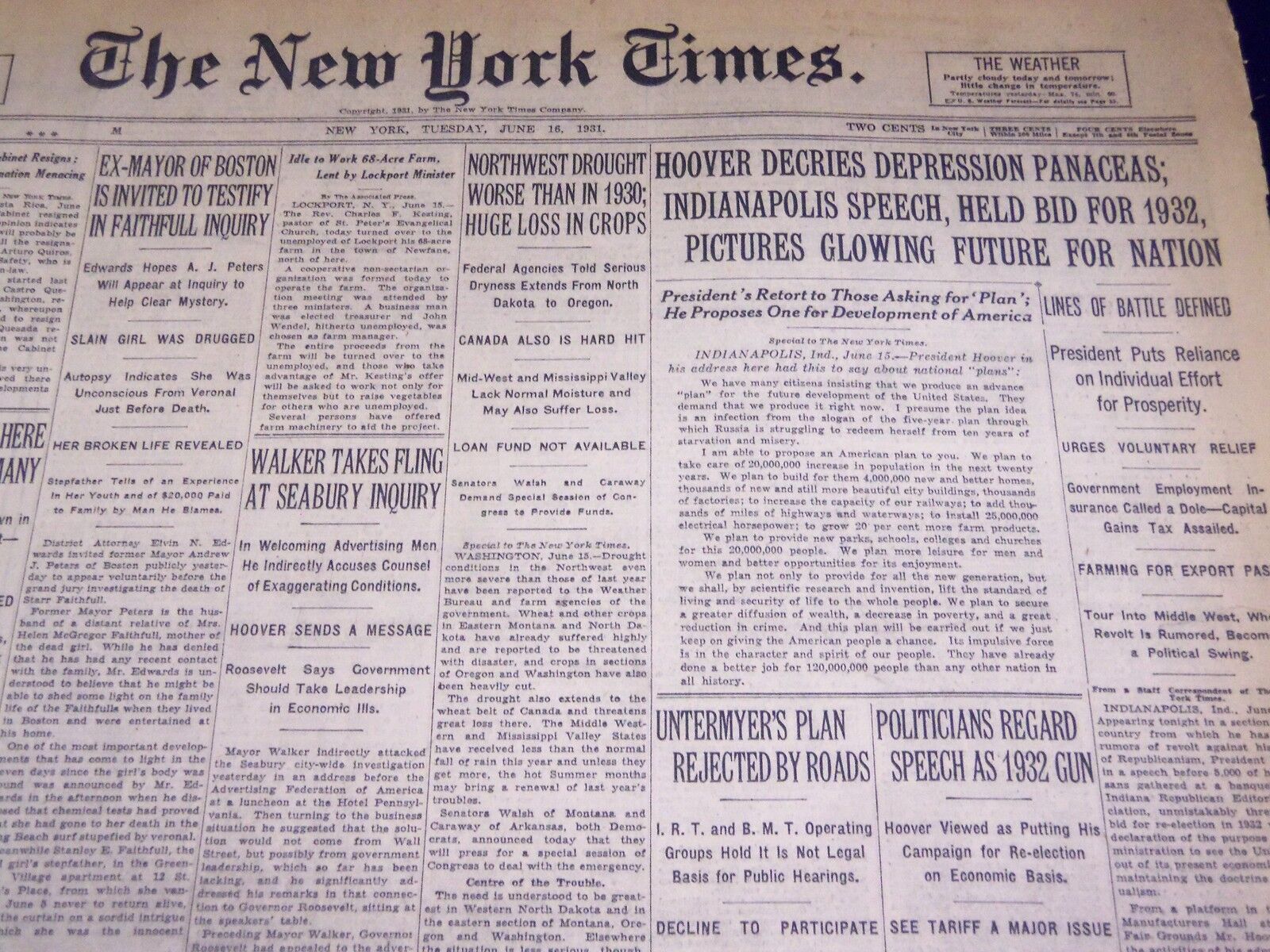 1931 JUNE 16 NEW YORK TIMES - HOOVER DECRIES DEPRESSION PANACEAS - NT 2440
