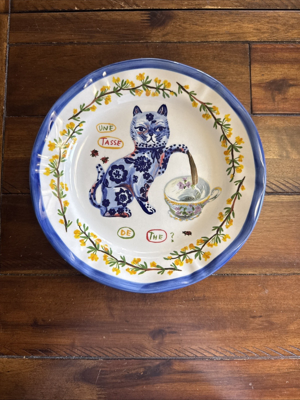 Anthropolgie Nathalie Lete Charmante Blue Cat Tea Pot Ceramic Dinner Plate 10