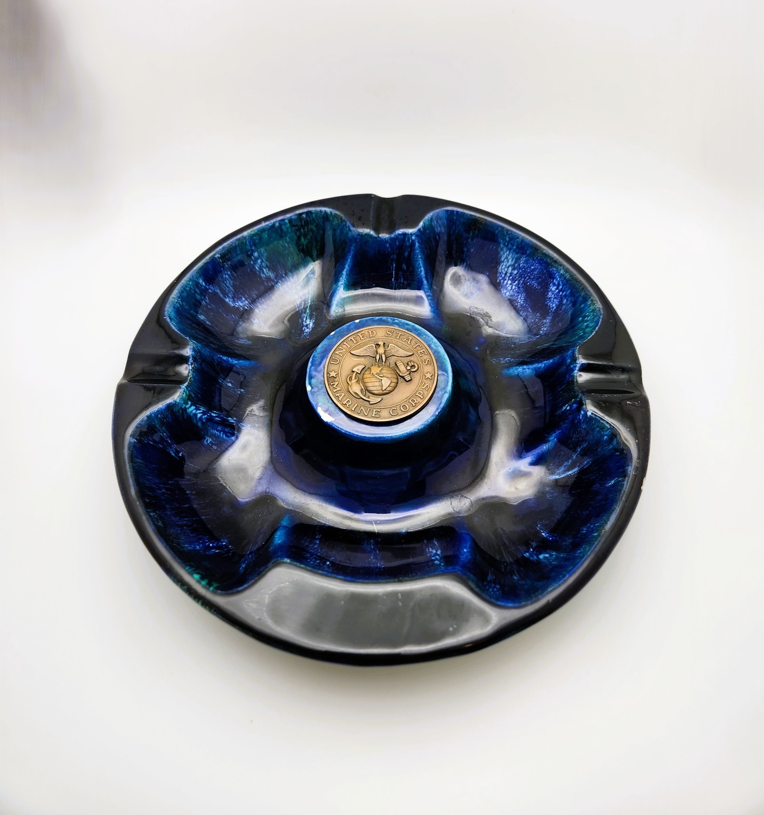 Vintage USMC Marine Corps Pottery Ashtray Brown-Tex USA Blue Drip Glaze 10\