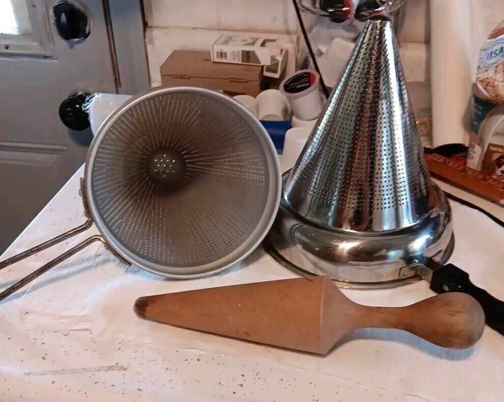 Vintage 2 Aluminum Canning Cone Strainers Sieves,  Wood Pestle