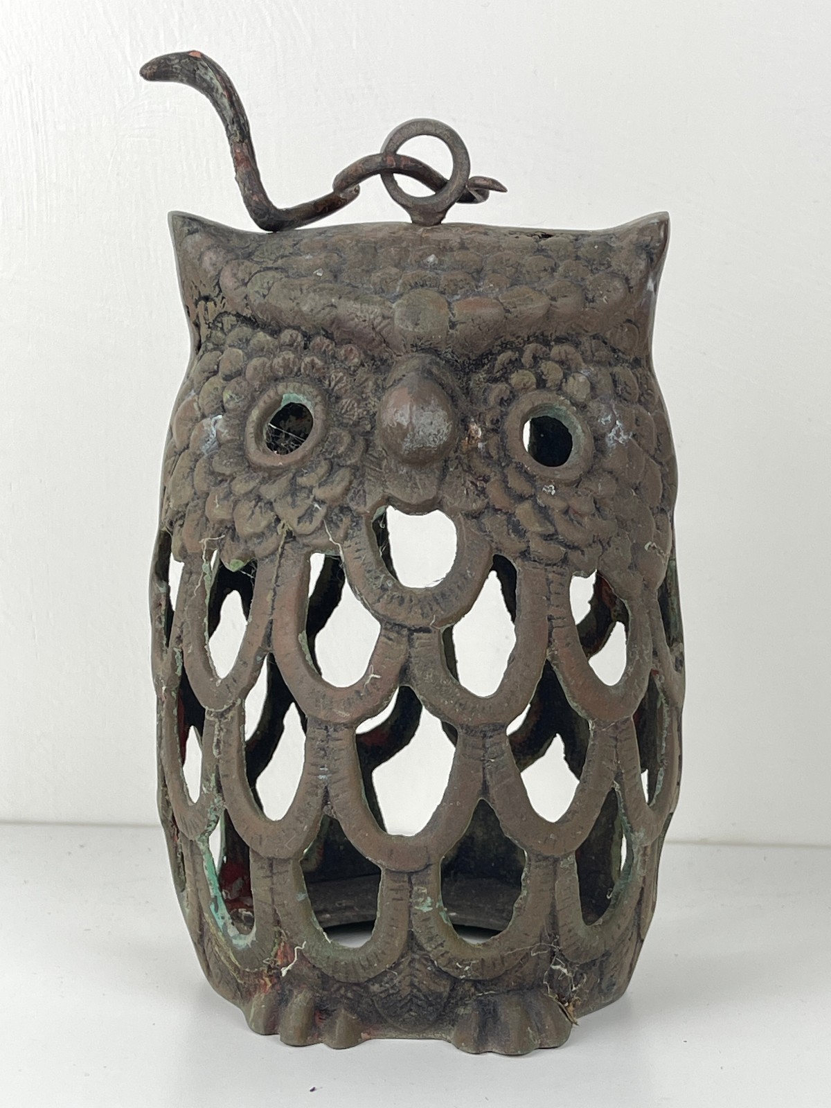 Vintage Hand-Cast Bronze Japanese Owl Lantern With Unusual Snake Hanger