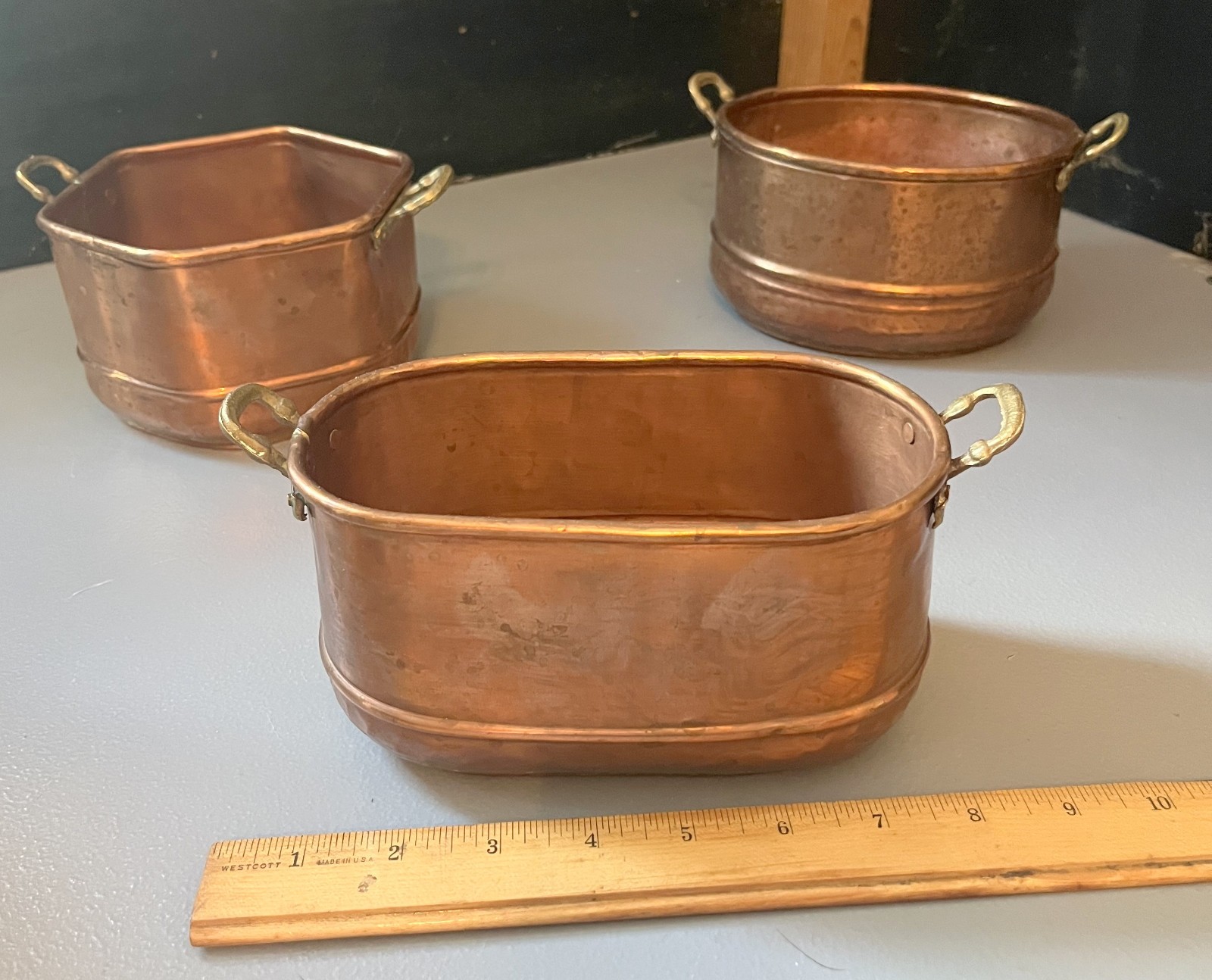 3 Vintage solid copper cooking pots with brass handles handmade sauce soup decor