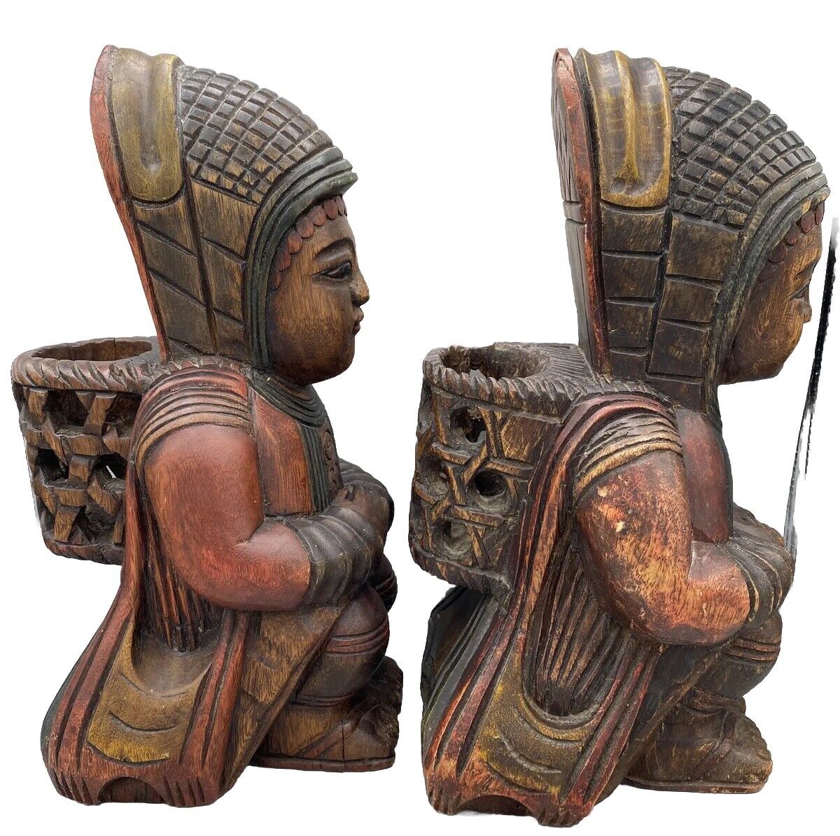 Asian Wood Figurines Statues Hand Carved Art Basket Sculpture Antique RARE Pair