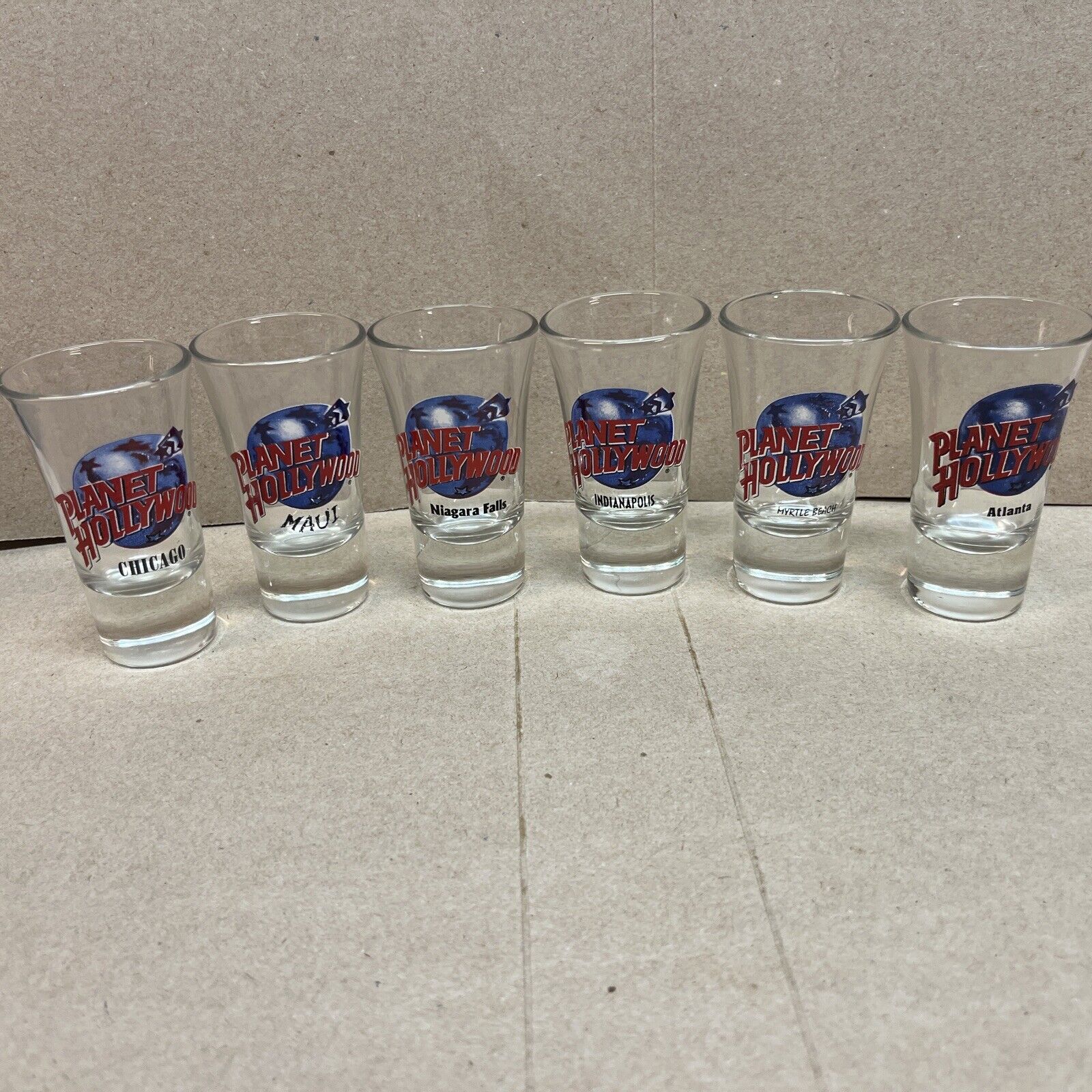 ( 6 ) PLANET HOLLYWOOD SHOT GLASSES ( ALL DIFFERENT )