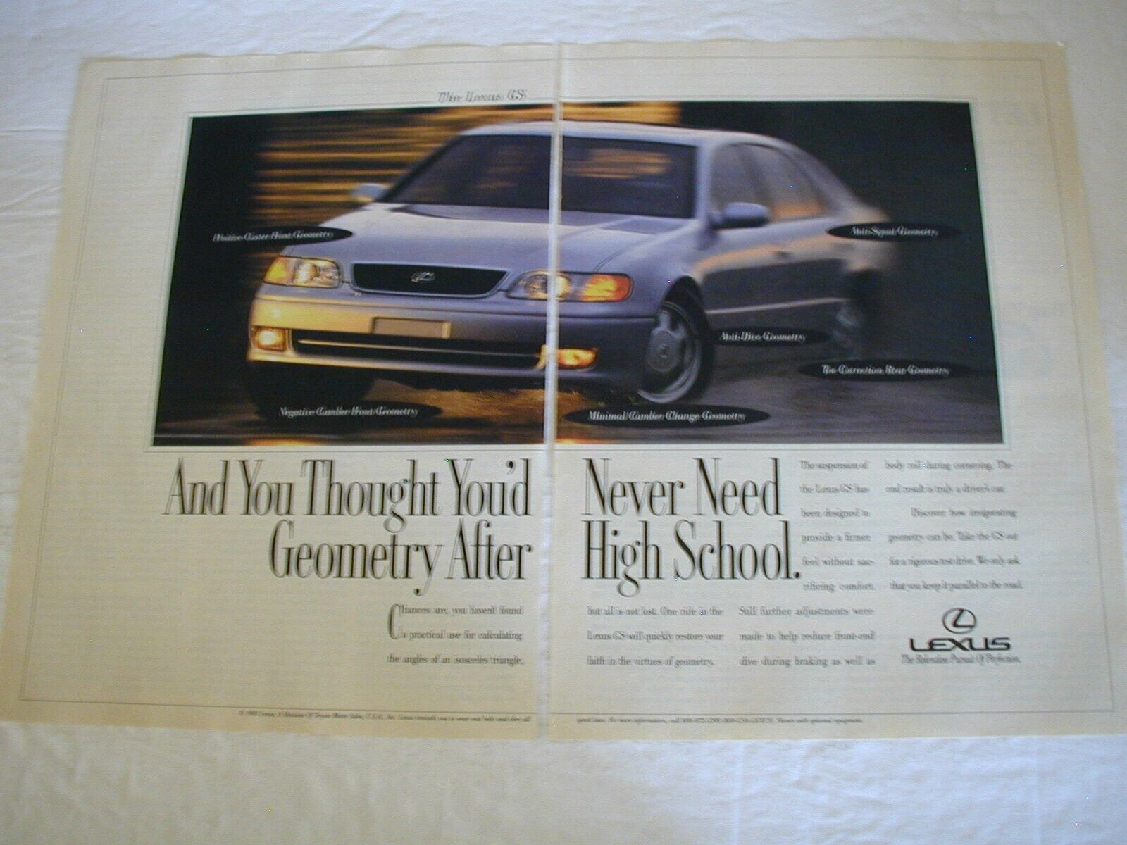 1994 LEXUS GS MAN CAVE GARAGE WALL ART BAR DECOR 2PG VINTAGE PRINT AD L036