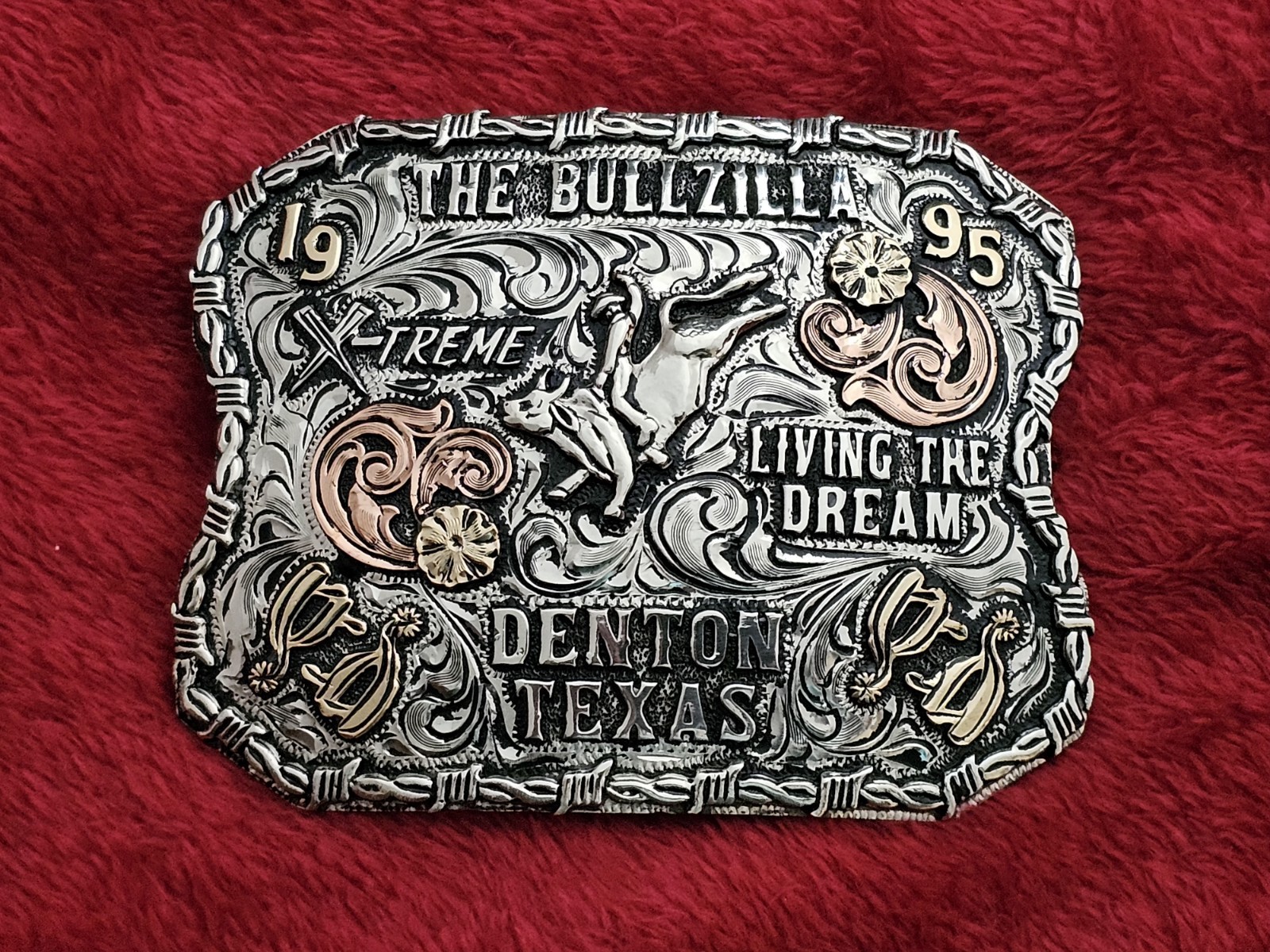 BULL RIDING Rodeo Champion☆1995☆X~TREME☆TROPHY BUCKLE☆DENTON TEXAS☆356