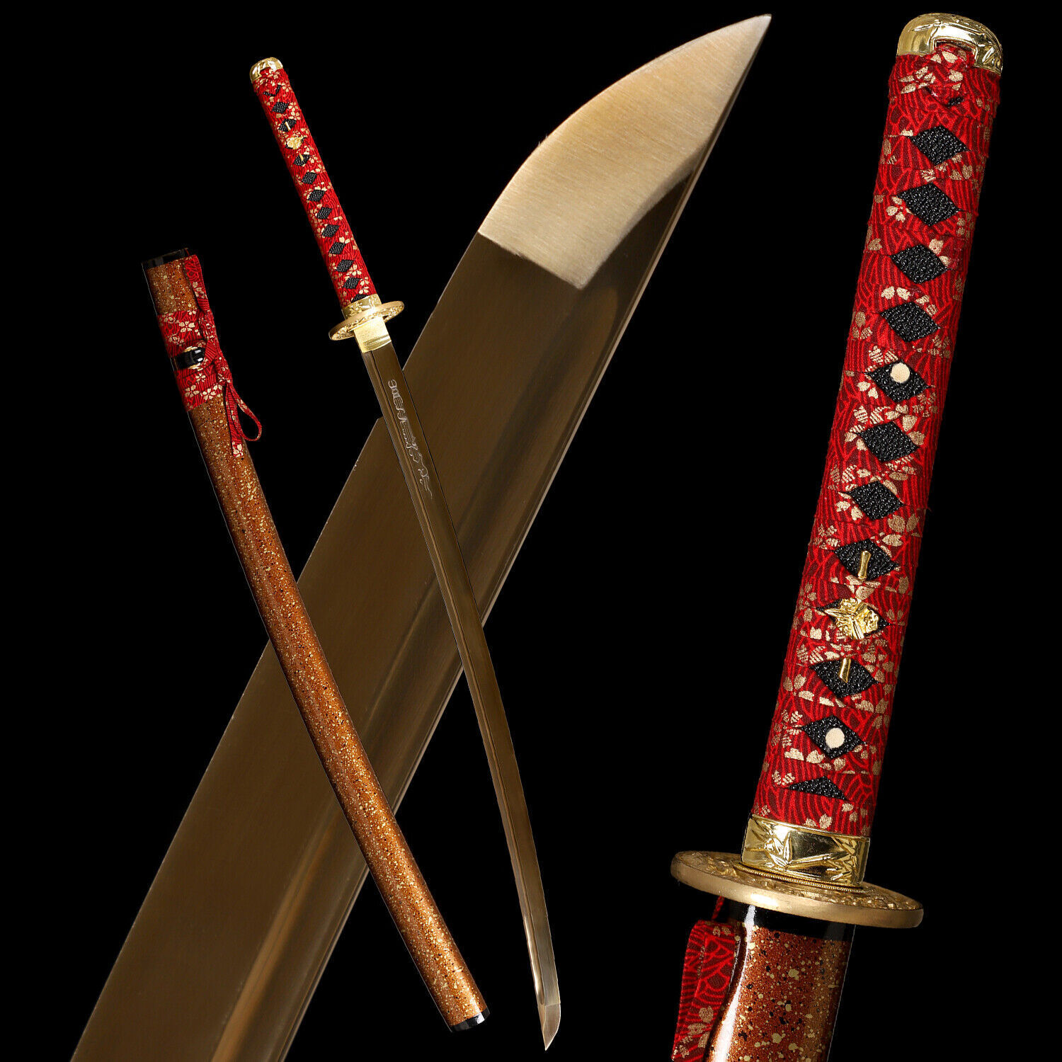 US Stock Handmade Katana Gold Blade Japanese Samurai Sword Red Handed Very Sharp