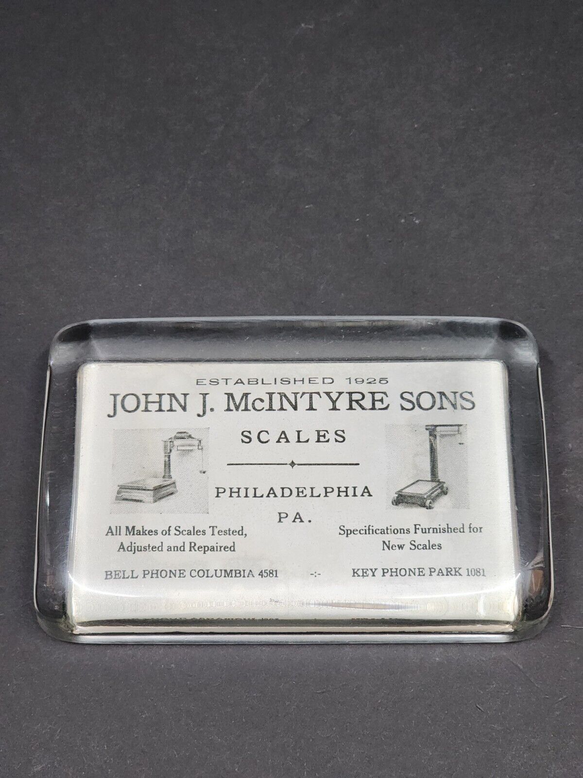 Vintage Philadelphia J. Mcintyre Sons Scales Glass Paperweight With Mirror