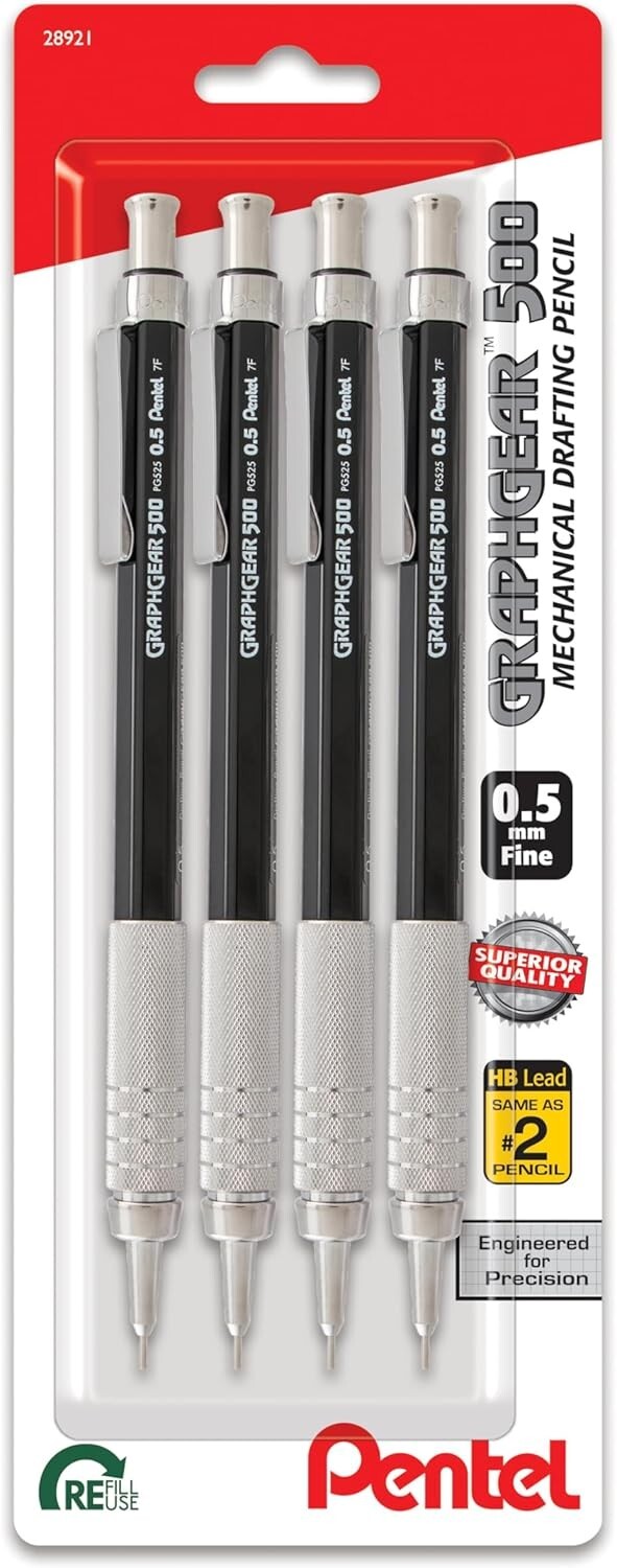 Pentel GraphGear 500 Mechanical Drafting Pencil, 0.5mm, Black Barrel, Pack of 4