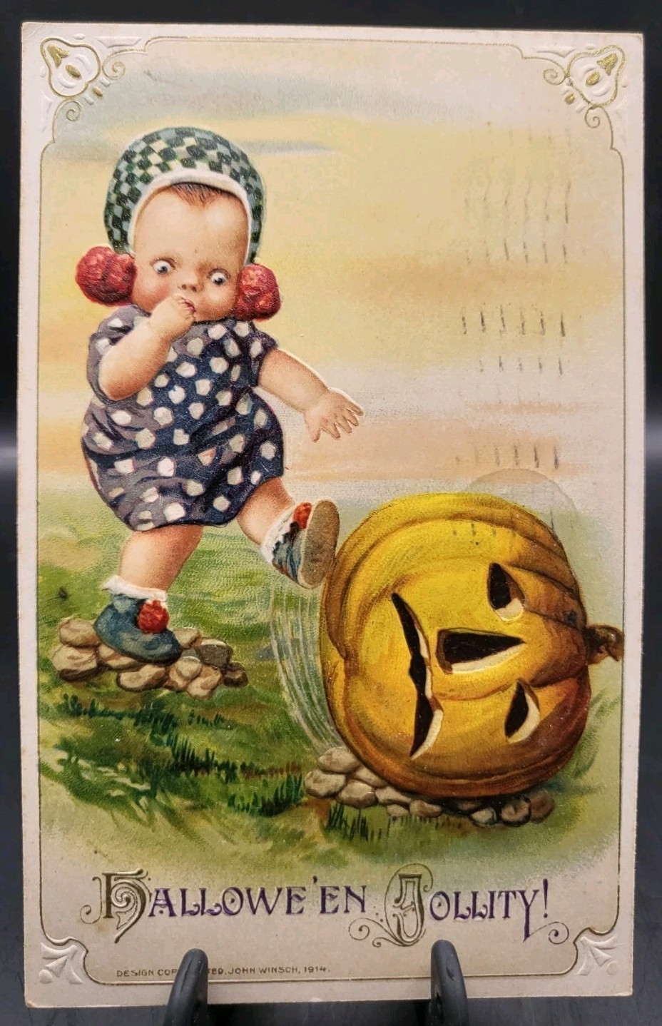 John WINSCH HALLOWEEN Little Girl Kick Pumpkin Embossed Postcard c.1914 Germany 