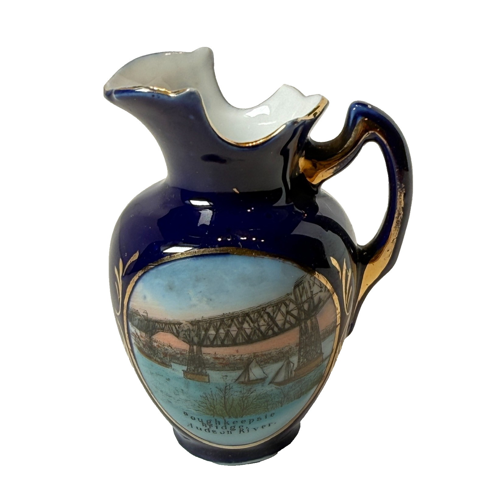 POUGHKEEPSIE BRIDGE NY NEW YORK ANTIQUE Souvenir China TRINKET COBALT CREAMER