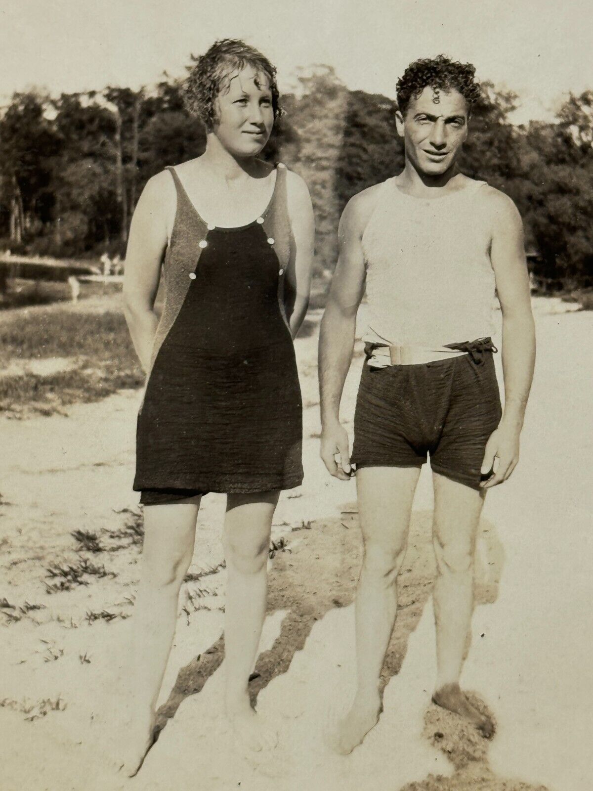 1S Photograph Cute Couple Pretty Woman Handsome Man Curly Hair Bulge Legs 1920s