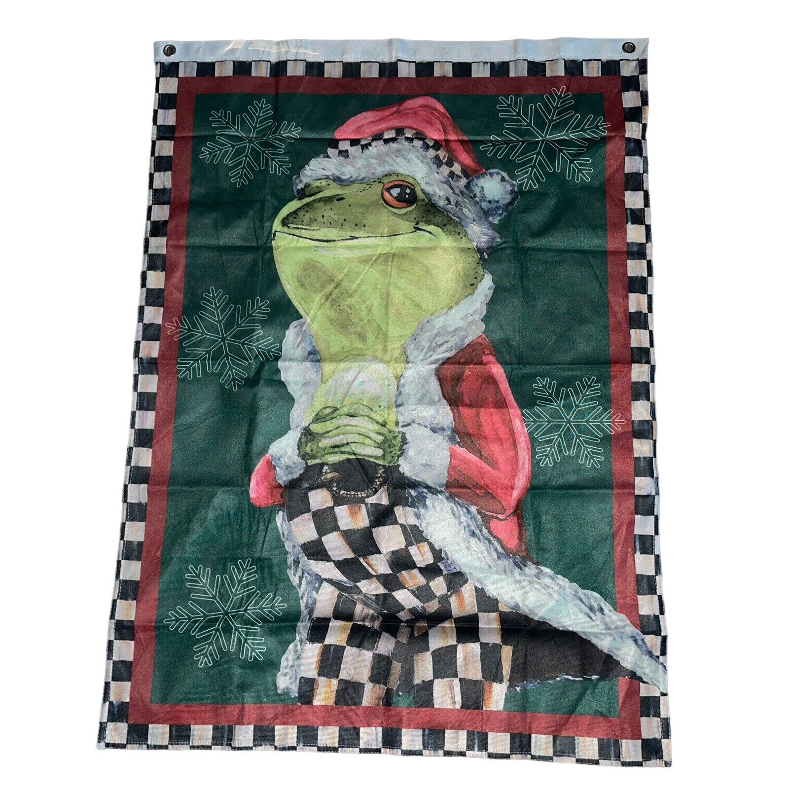 MacKenzie Childs Festive Fergal Frog Christmas Flag Courtly Check 40”x28” NEW