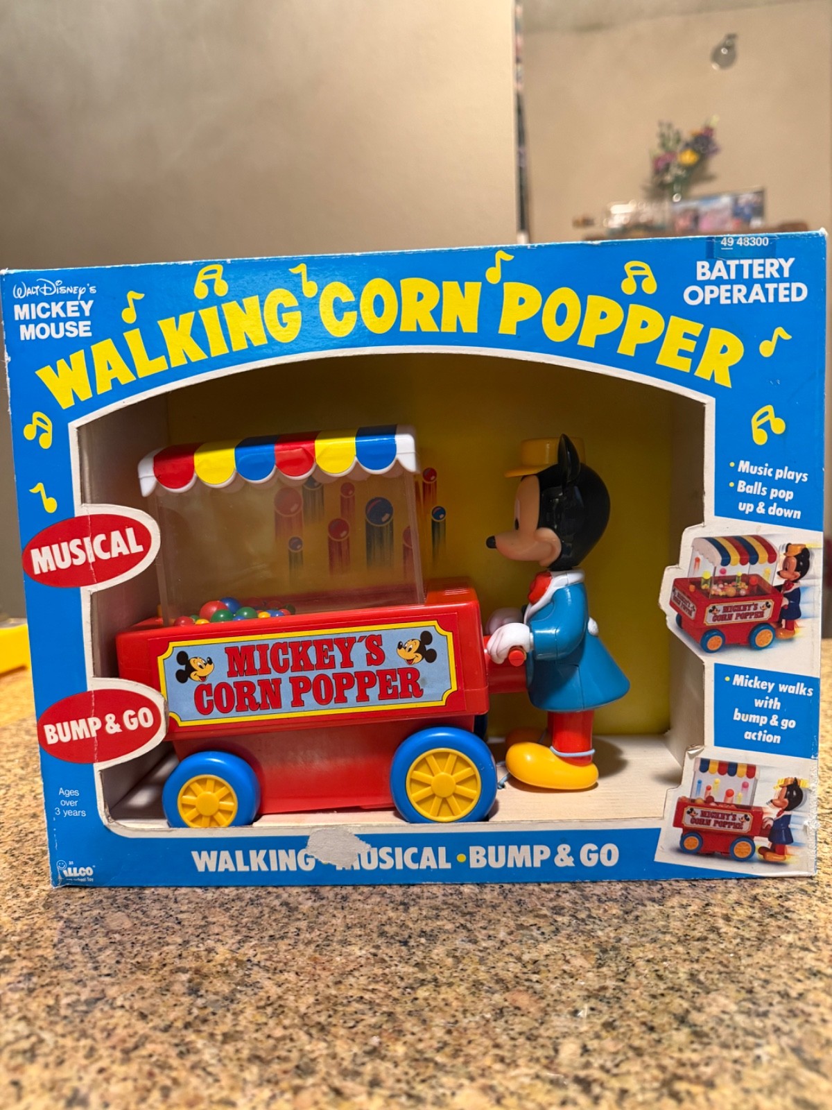 Vintage Disney Mickey Mouse Walking Corn Popper Musical Bump & Go Works NIB