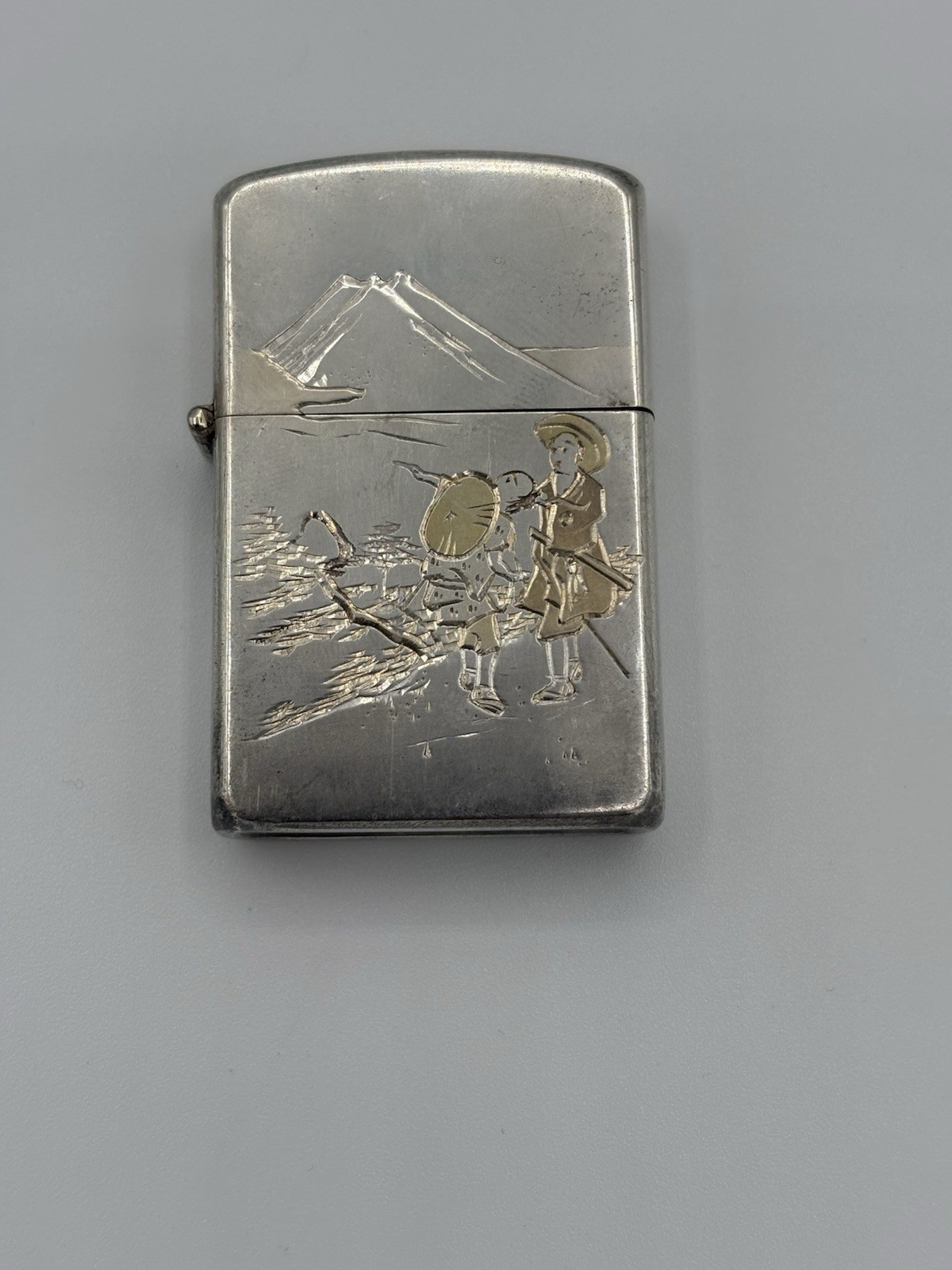 Vintage Japanese 950 Silver Lighter Hokusai Mt Fuji Mixed Metal Hand Engraved